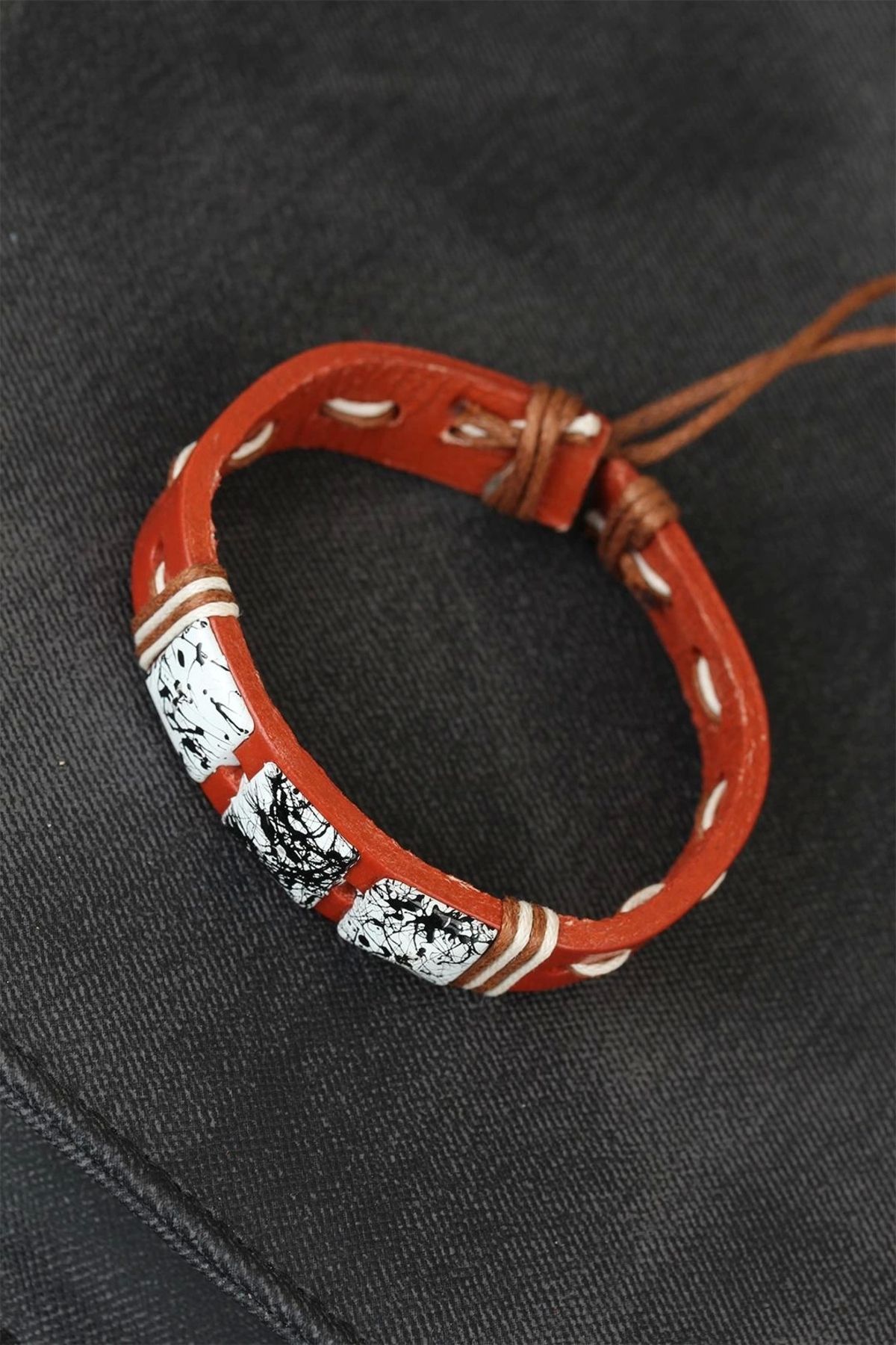 OurStyles Mermer Taşlı Kahverengi Deri Erkek Bileklik - TJ-EB1867