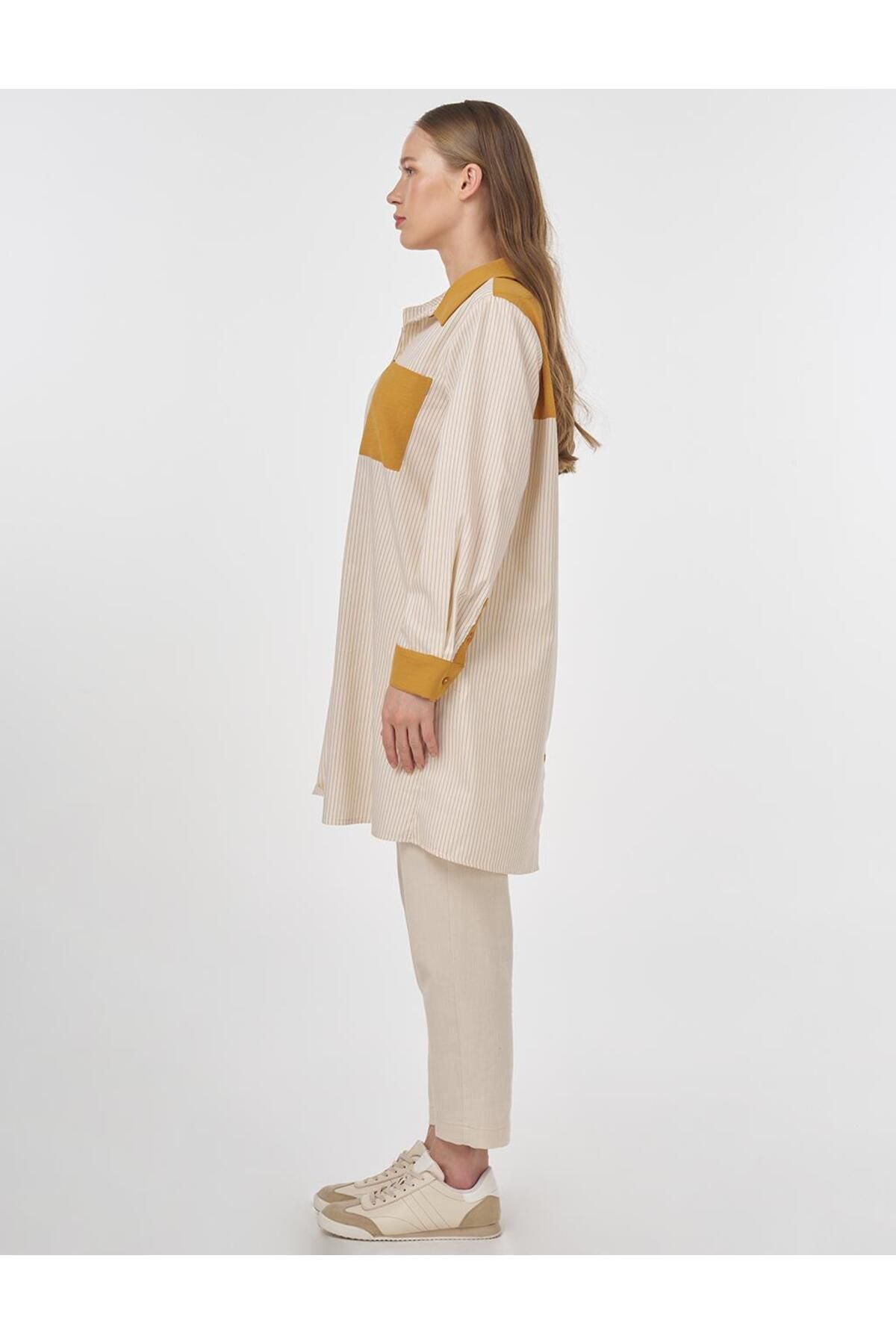 Kayra-Stripe Pattern Garnished Tunic Saffron 4