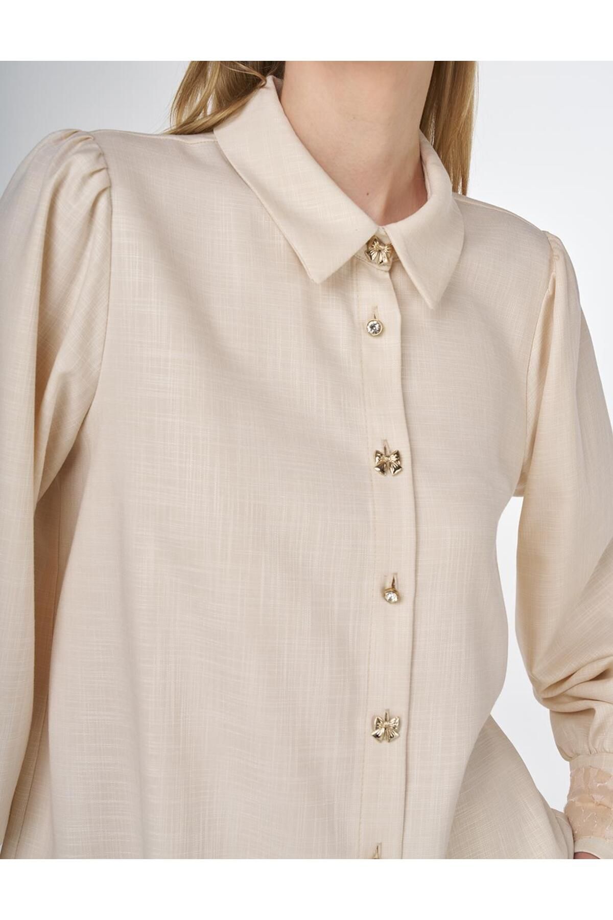 Kayra-Shiny Buttoned Viscose Tunic Cream 7