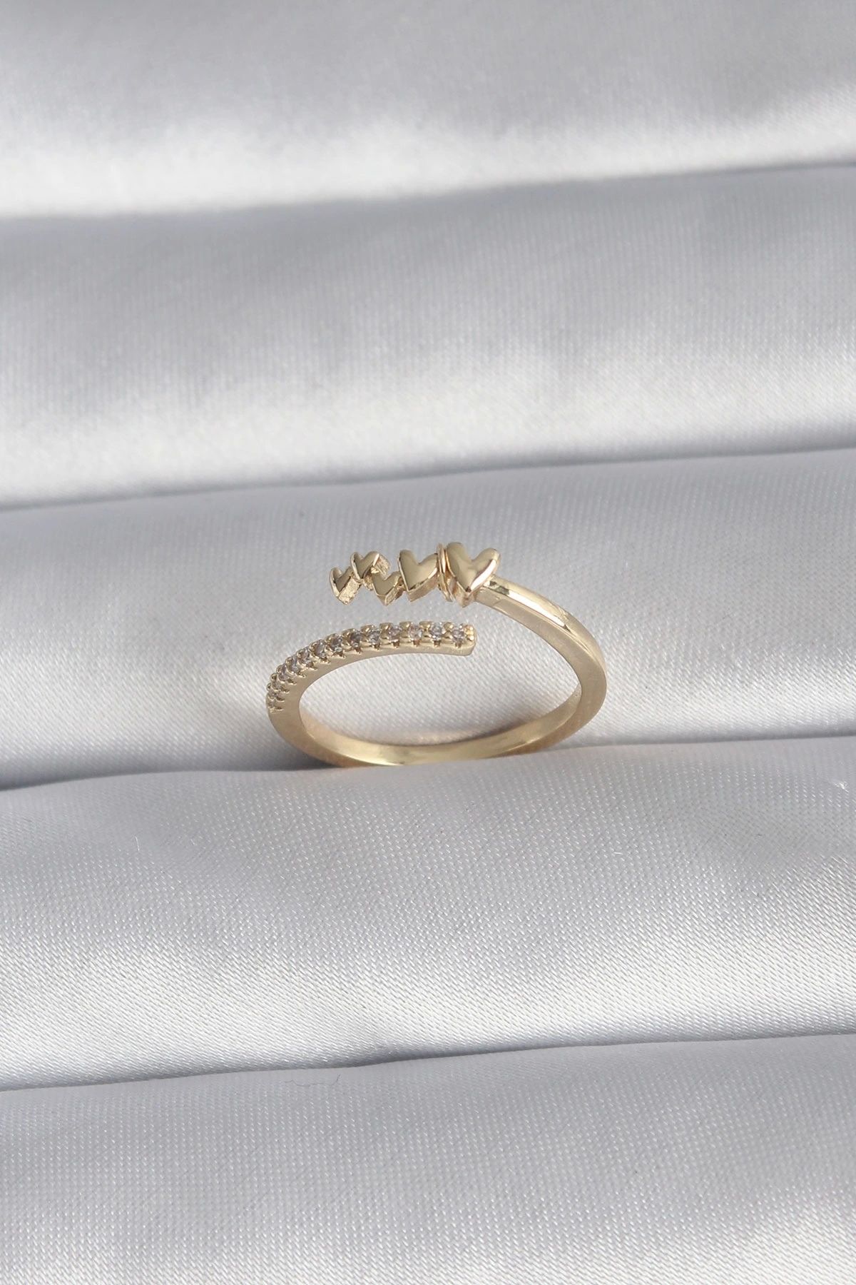 OurStyles Pirinç Gold Renk Zirkon Taş Detay Kalp Model Kadın Yüzük - TJ-BYK3015