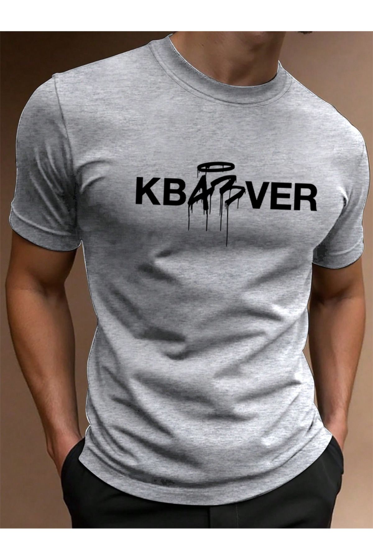 EFFRENATU KBABVER Baskılı Pamuklu Kumaş Bisiklet Yaka Gri Kısa Kol Erkek T-shirt