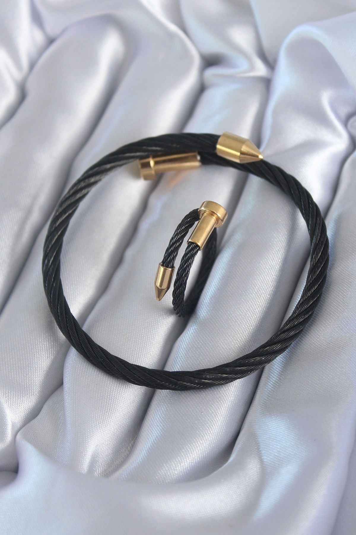 OurStyles 316L Çelik Siyah Renk Gold Detay Sarmal Model Erkek Bileklik Yüzük Kombini - TJ-EB3598