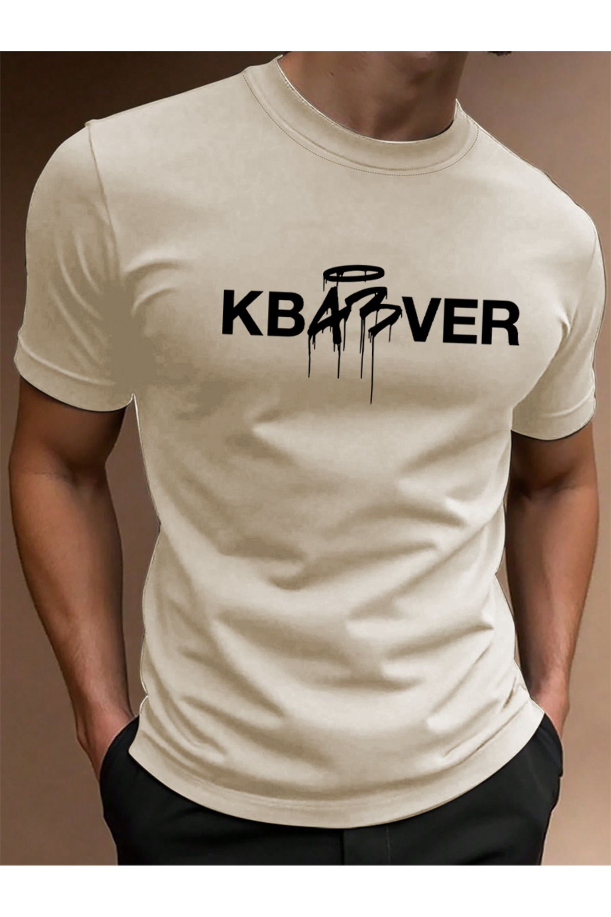 EFFRENATU KBABVER Baskılı Pamuklu Kumaş Bisiklet Yaka Bej Kısa Kol Erkek T-shirt