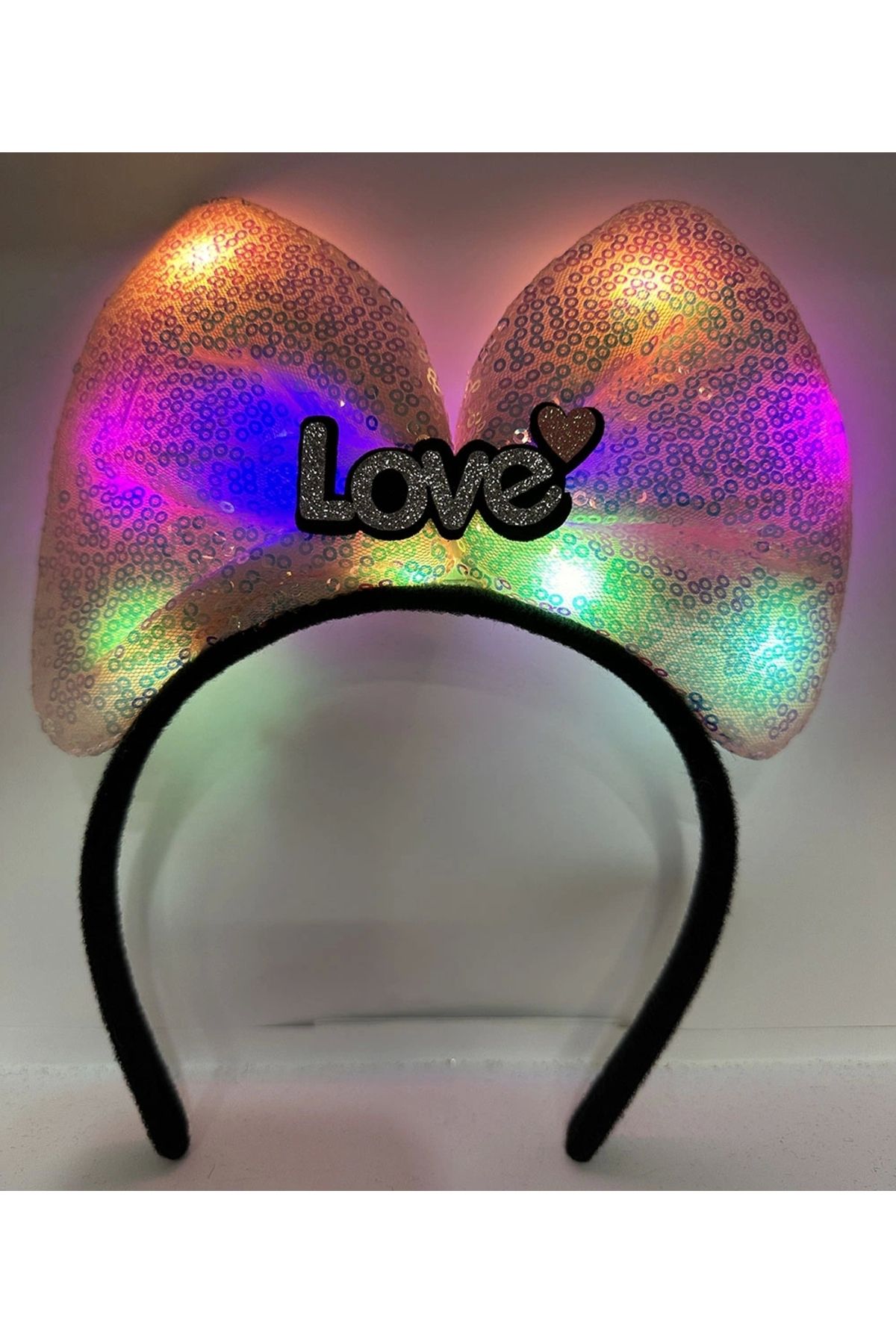 OurStyles Led Işıklı 3 Farklı Fonksiyonda Yanan Gümüş Love Yazılı Toz Pembe Fiyonk Taç 20X17 cm