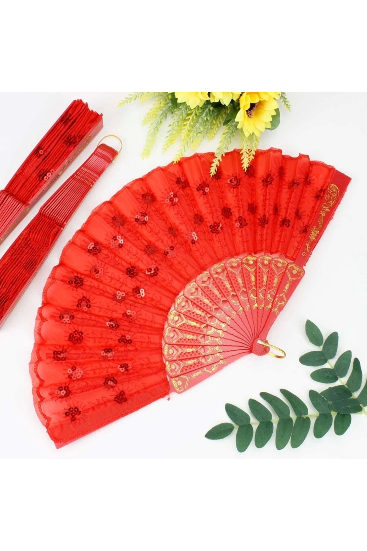 OurStyles 12 li Kırmızı Plastik Pullu Kumaş Yelpaze