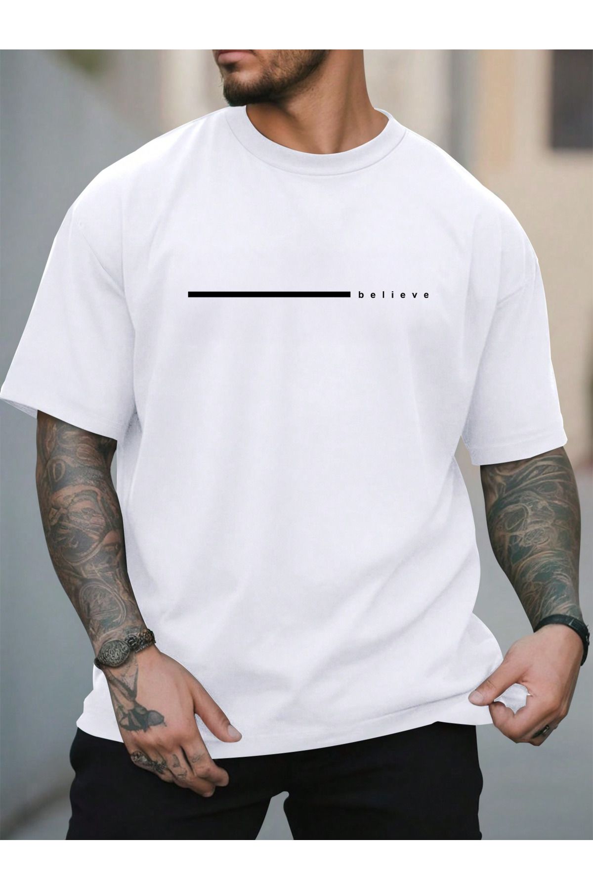 EFFRENATU İnanmak Baskılı Pamuklu Kumaş Bisiklet Yaka Beyaz Kısa Kol Erkek T-shirt