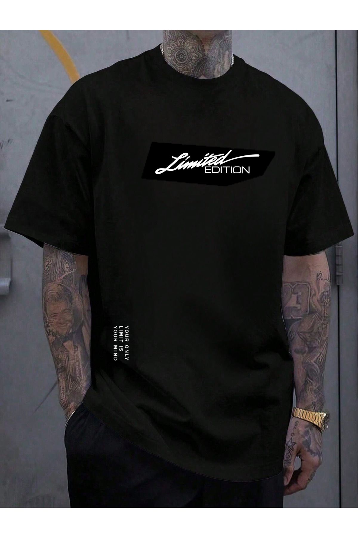 EFFRENATU Sınırlı Sayıda Baskılı Pamuklu Kumaş Bisiklet Yaka Siyah Kısa Kol Erkek T-shirt