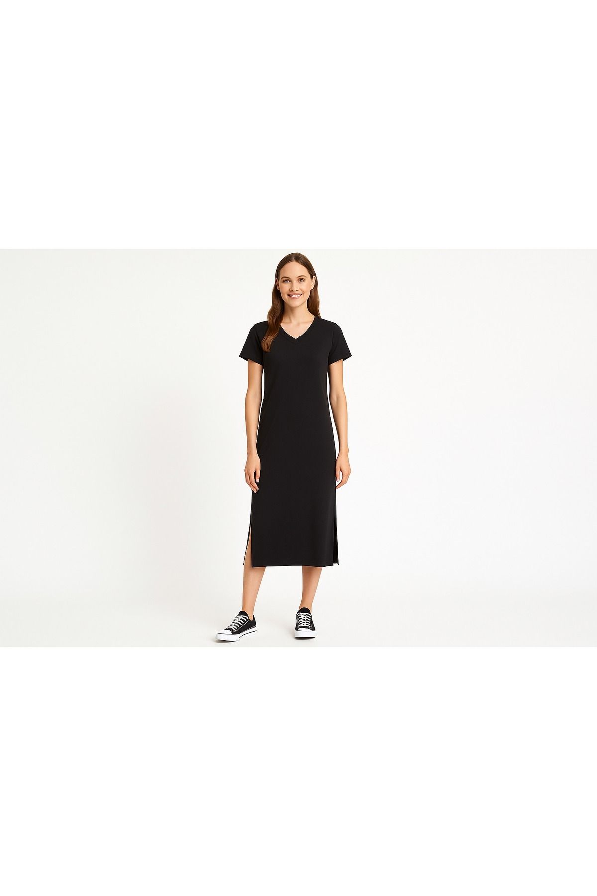 fashionlabstore V yaka yırtmaç detaylı midi elbise