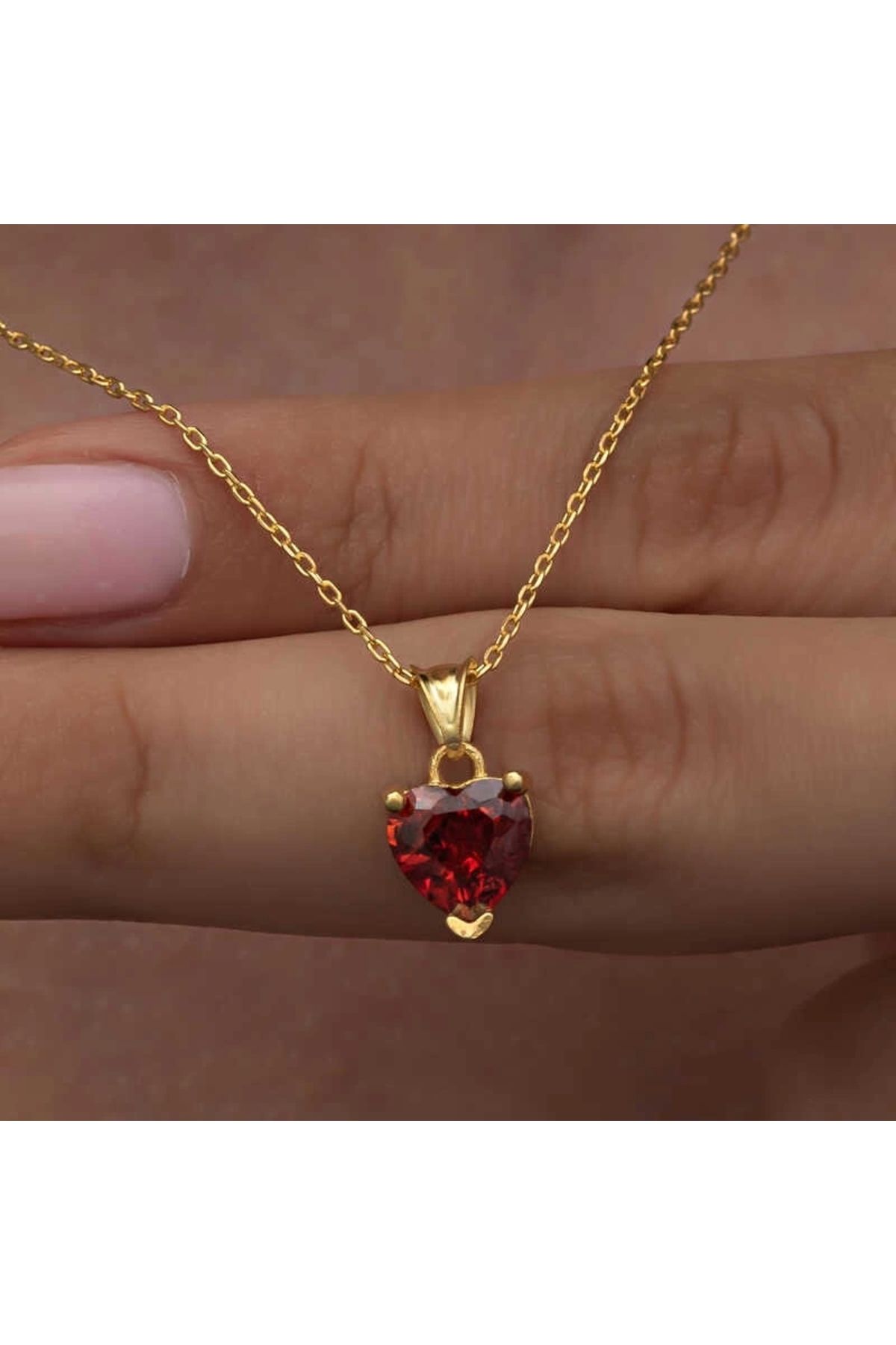 luz&pos Gümüş Gold Kırmızı Taşlı Kalpli Kadın Kolye