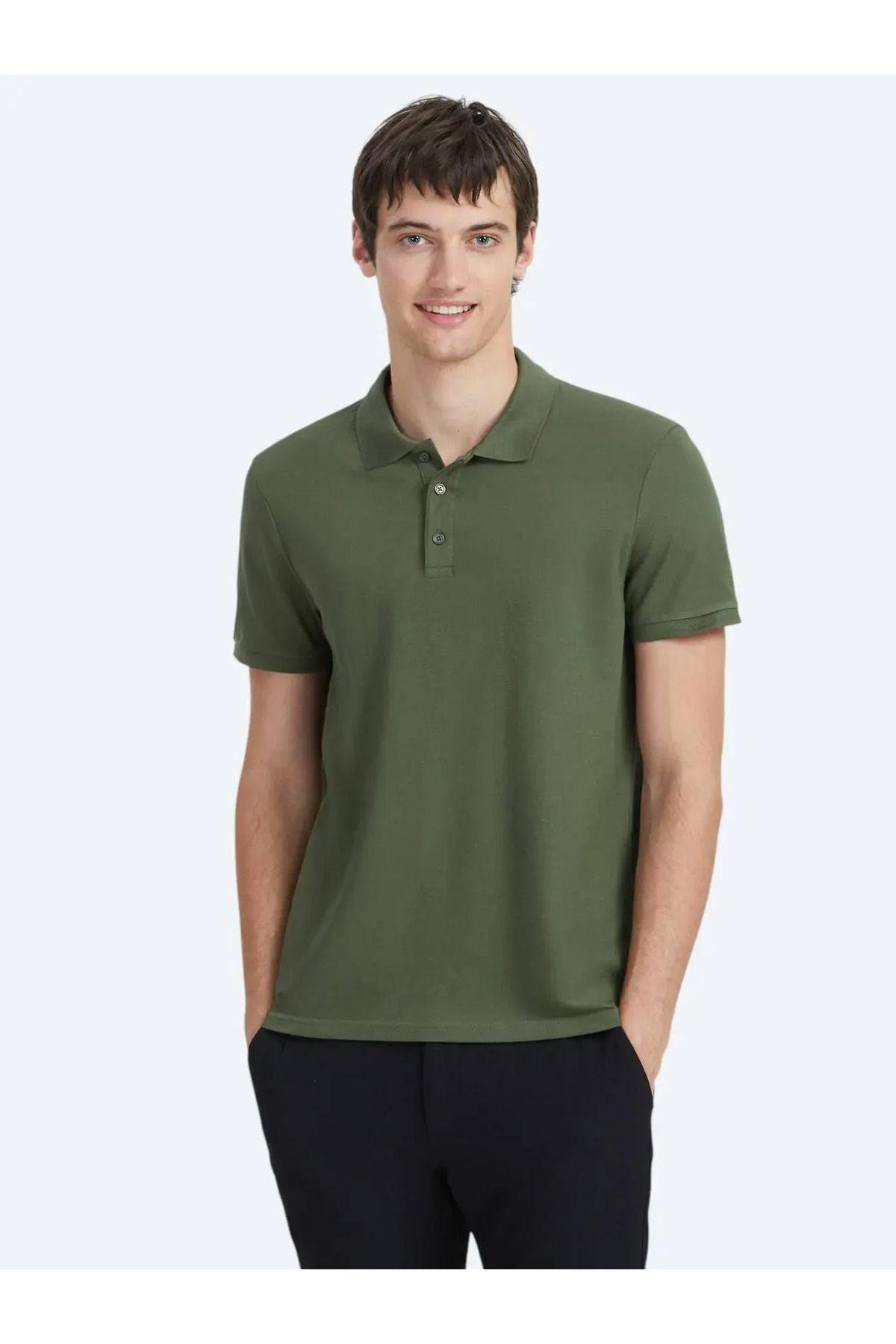 Kip Haki Düz Polo Yaka %100 Pamuk T-Shirt