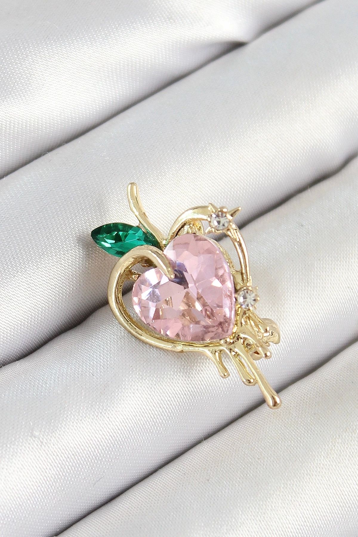 luz&pos Pembe Ve Yeşil Zirkon Taşlı 3D Eriyen Kalp Figürlü Gold Renk Kadın Broş