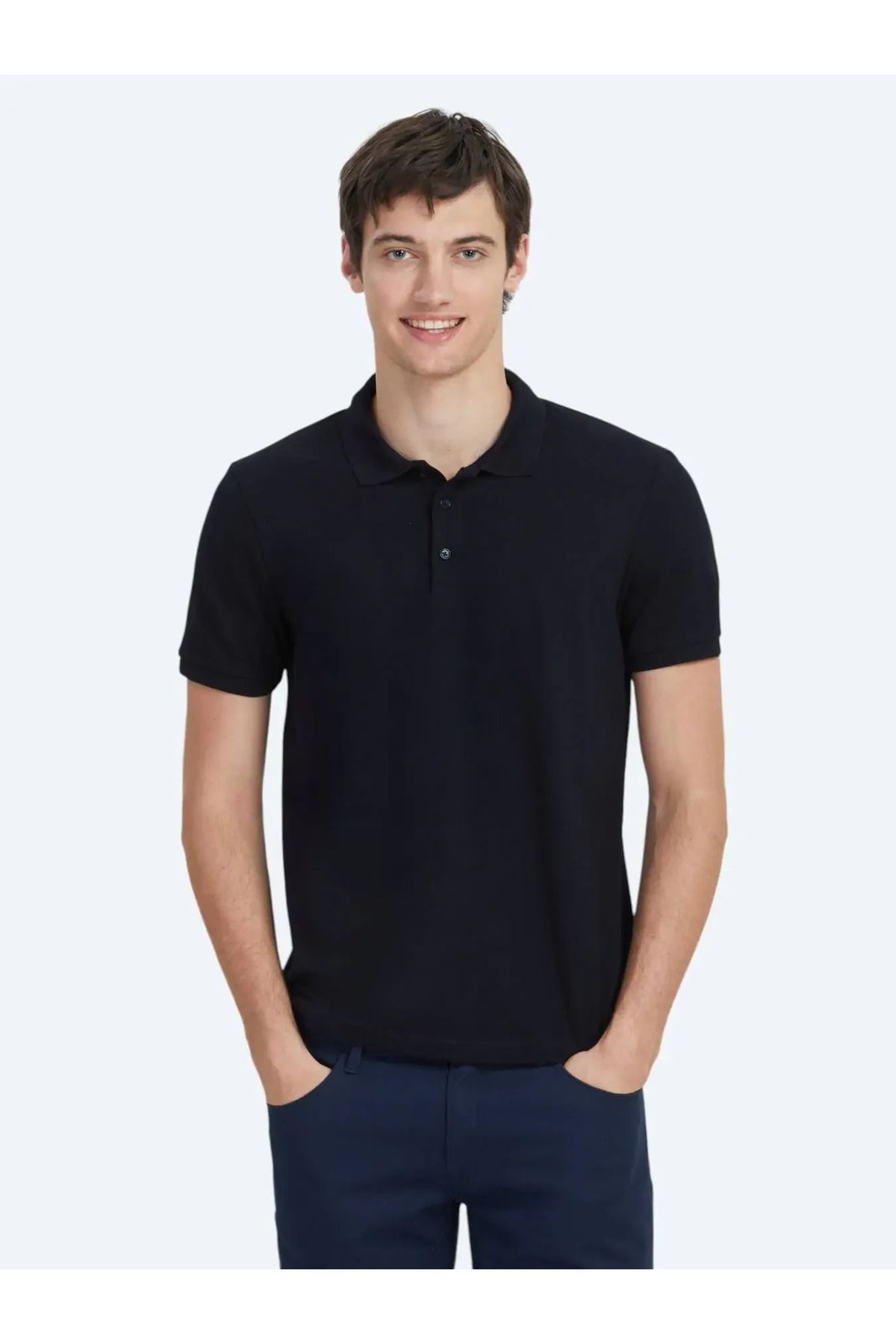 Kip Lacivert Düz Polo Yaka %100 Pamuk T-Shirt