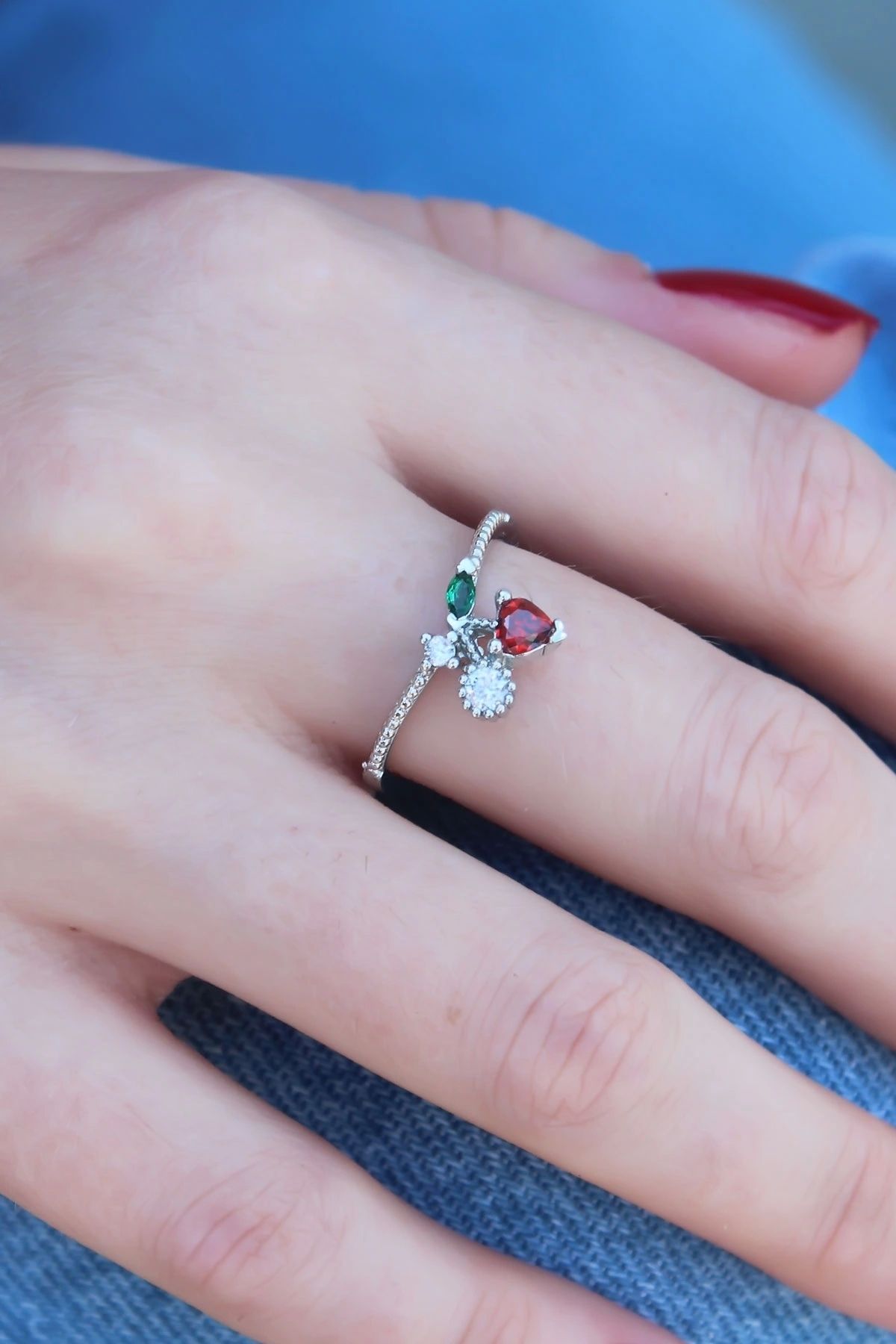 OurStyles Gümüş Renk Kiraz Model Zirkon Taşlı Kadın Yüzük - TJ-BYK2604