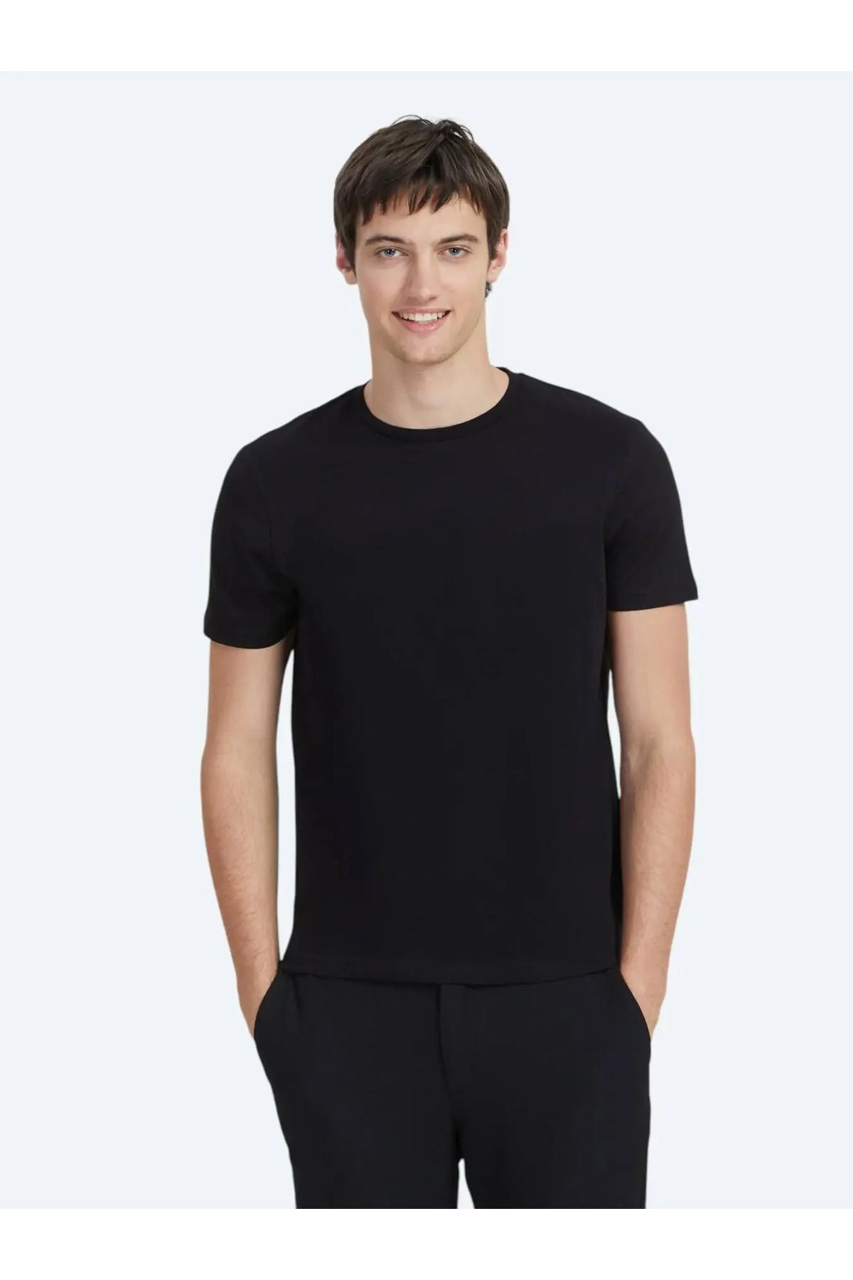 Kip Siyah Düz Bisiklet Yaka %100 Pamuk T-Shirt