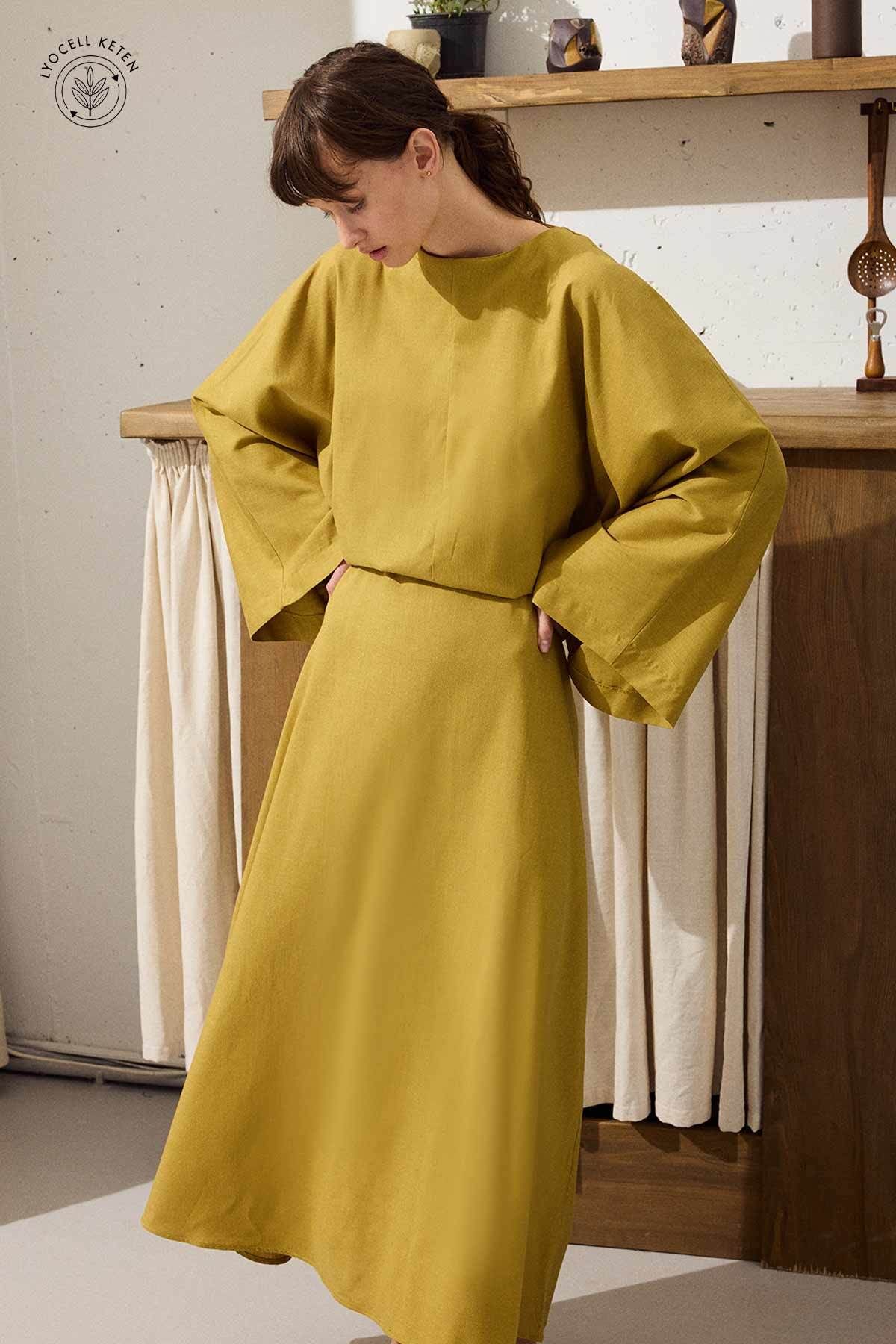 Hooopstore Lyocell Keten Dökümlü Safran Tunik Elbise