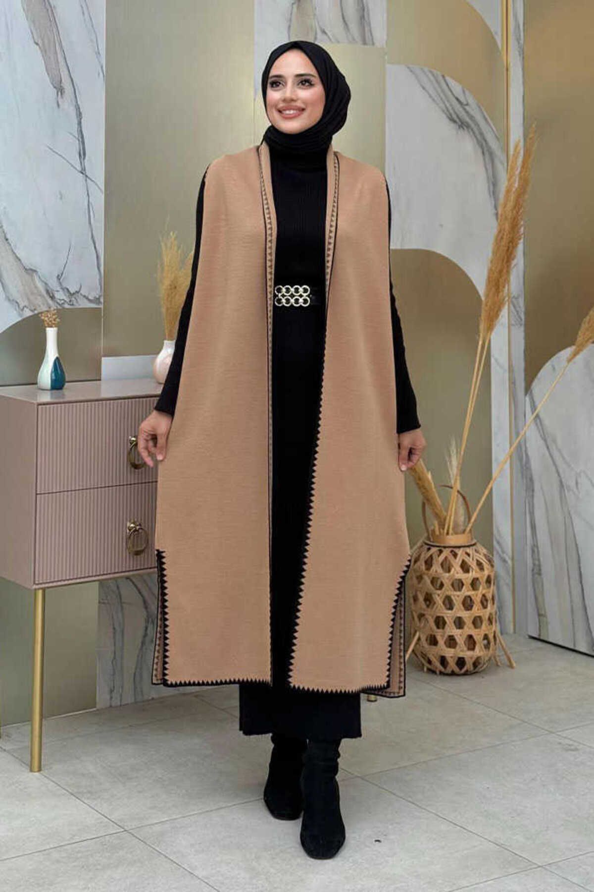 Bym Fashion Sıfır Kollu Triko Yelek 18205 Taba-Siyah