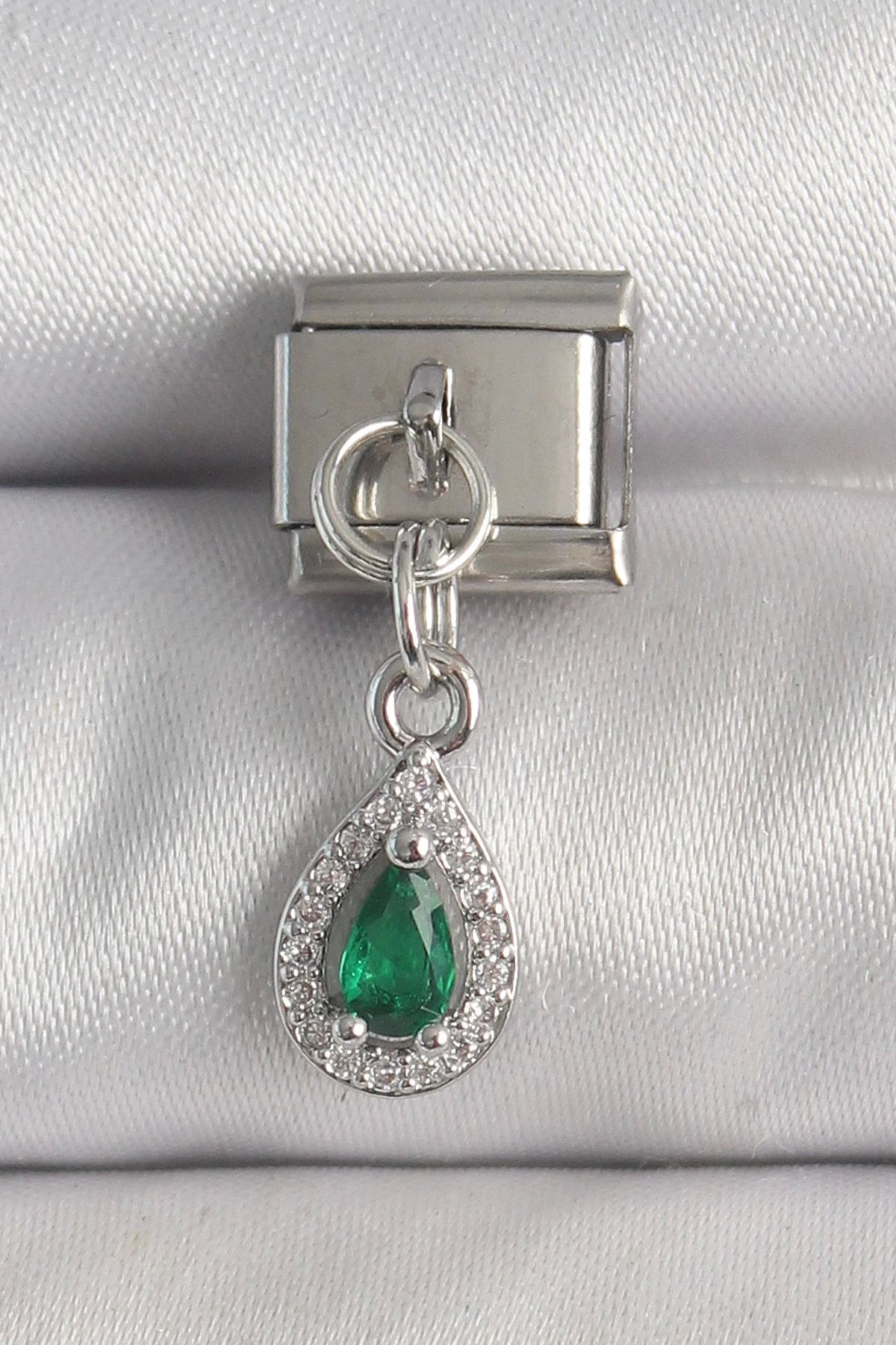 luz&pos 316L Çelik Gümüş Renk Sallantı Yeşil Zirkon Taşlı Damla Model Nomination Charm