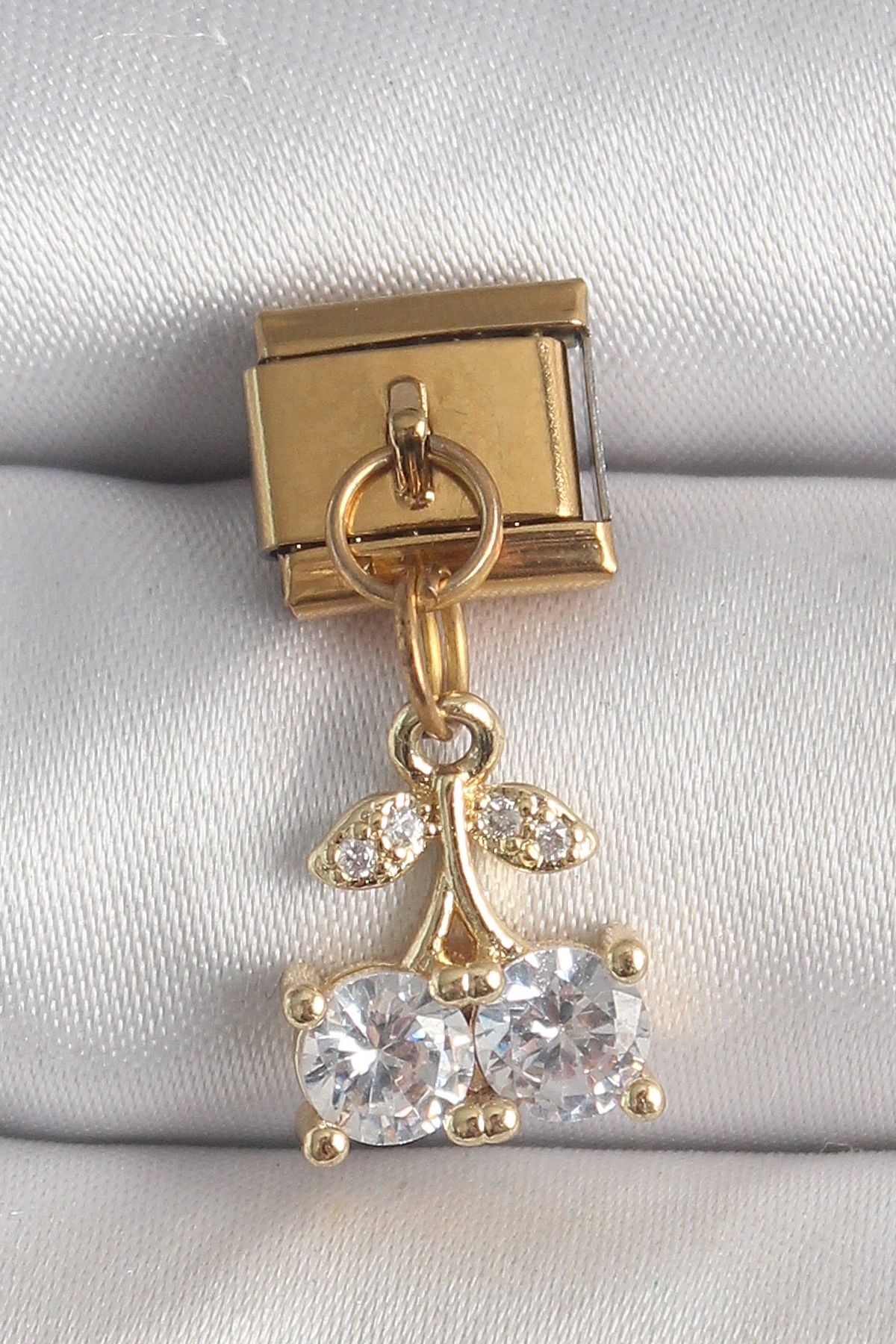 luz&pos 316L Çelik Gold Renk Sallantı Zirkon Taşlı Kiraz Model Nomination Charm