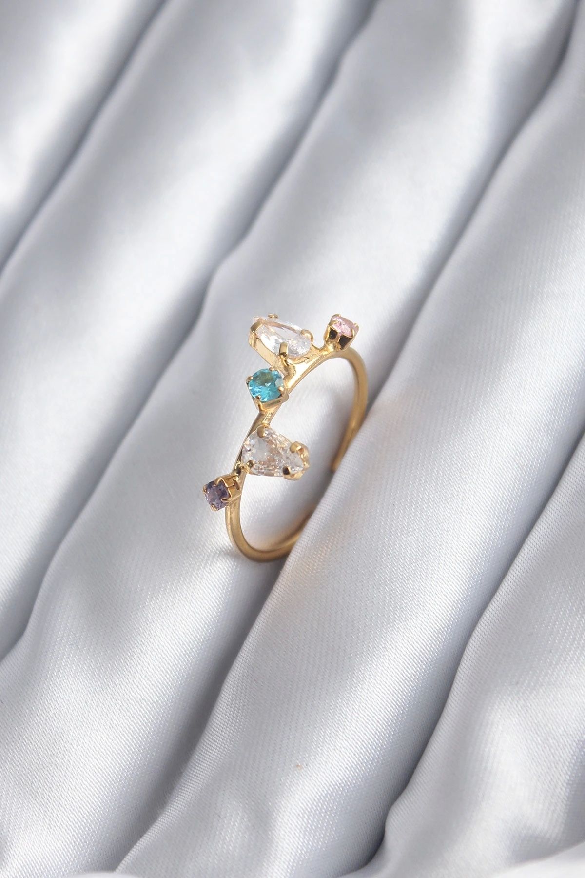 OurStyles Gold Renk Renkli Zirkon Taşlı Kadın Yüzük - TJ-BYK2844