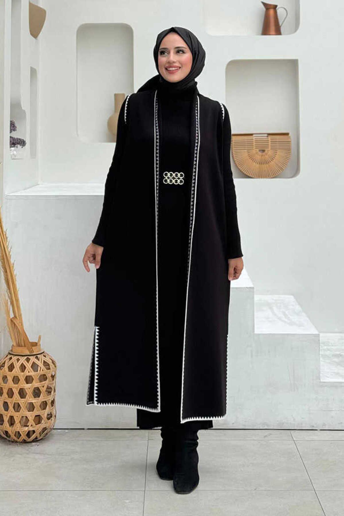 Bym Fashion Sıfır Kollu Triko Yelek 18205 Siyah-Ekru