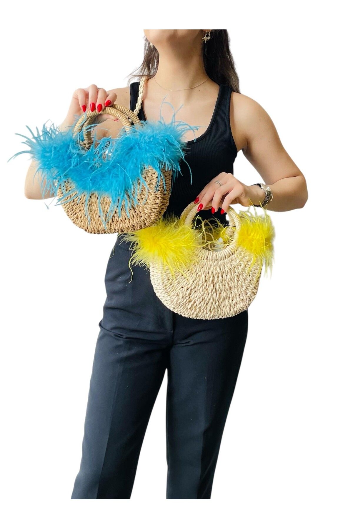 MyladyAccessoriess Tüy Detaylı Tasarım Byyeşo Hasır Çanta Sarı