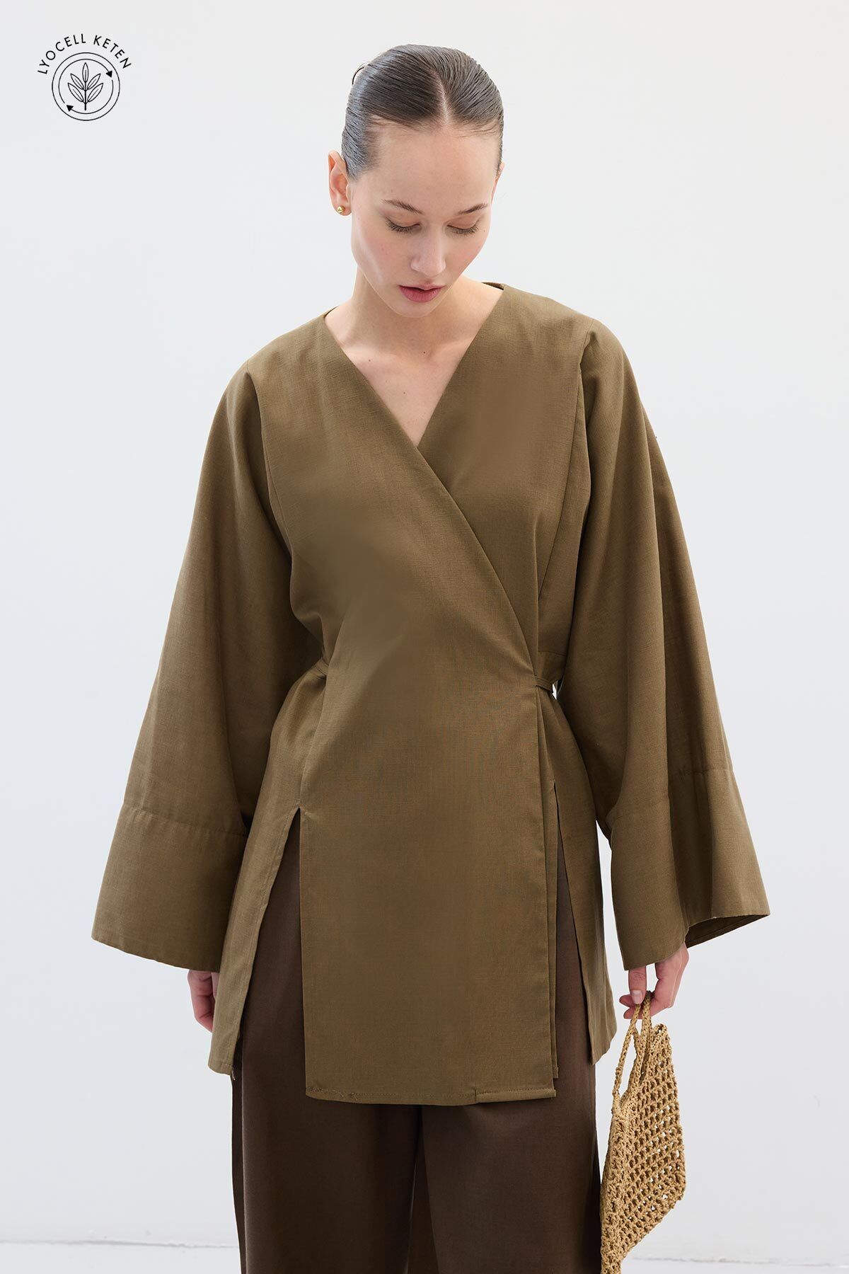 Hooopstore Lyocell Keten Bağcık Detaylı Ada Çayı Kimono