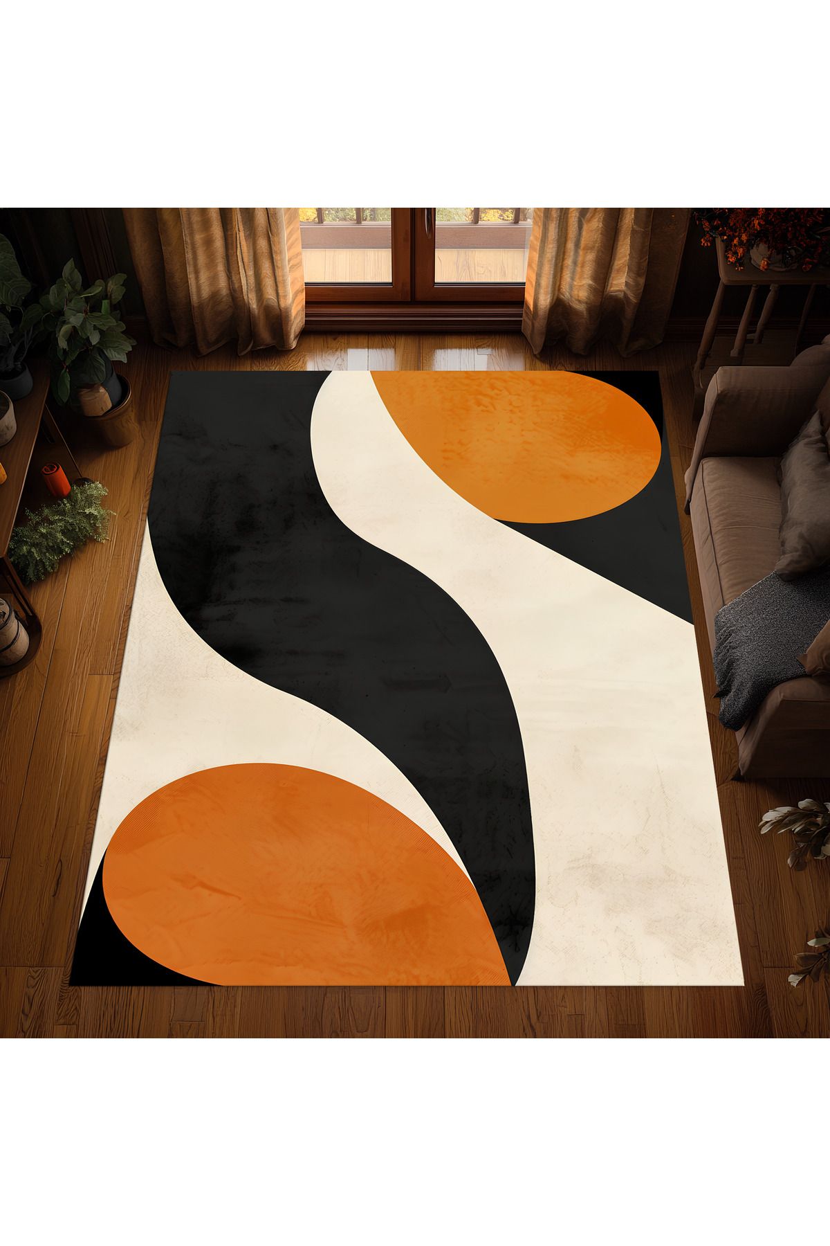 Heaven Home Design Kaymaz Tabanlı Yıkanabilir Dijital Baskı Modern Salon Halısı Siyah Turuncu