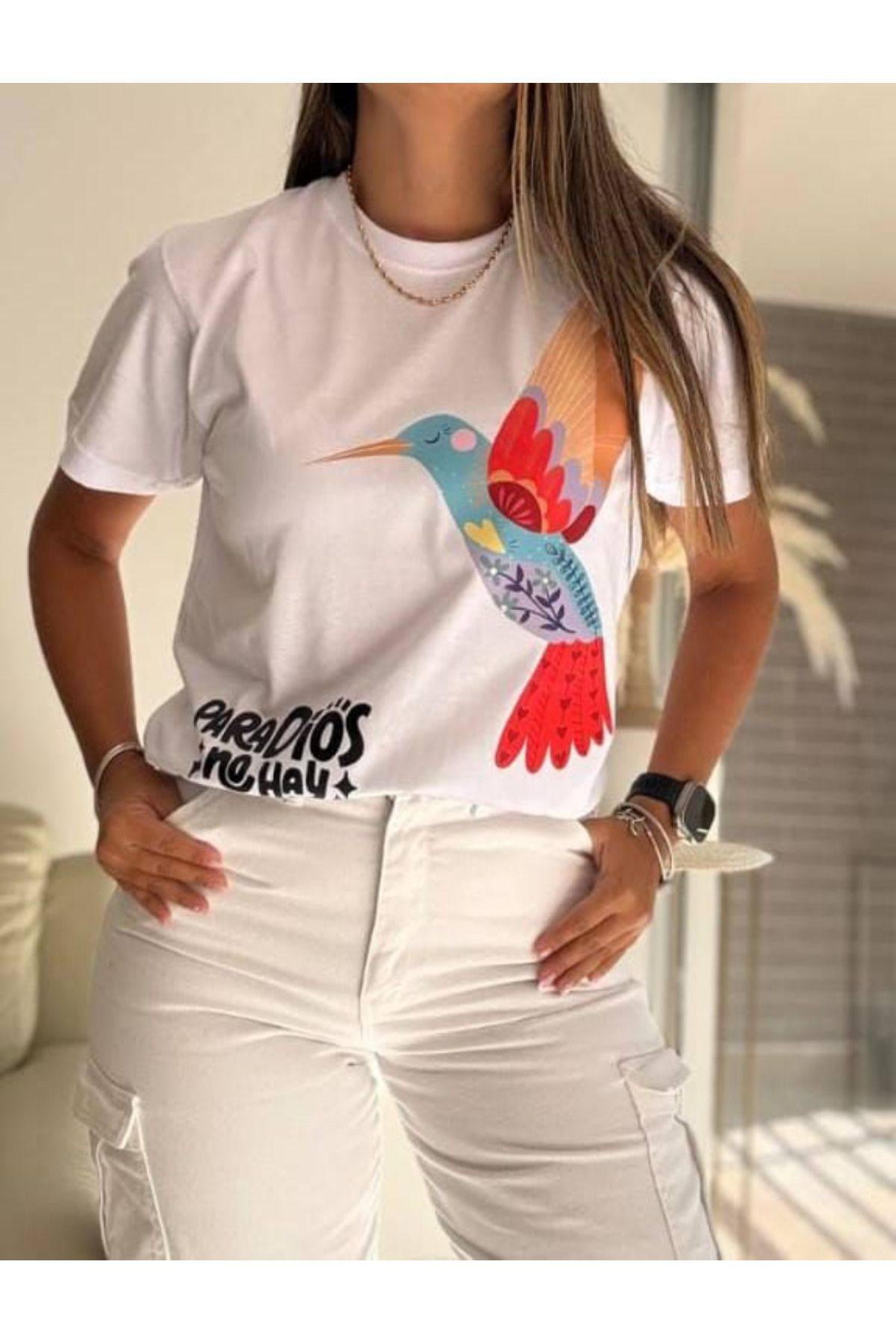 aynewmoda Kuş Desenli Kısa Kollu Yuvarlak Yaka Tişört
