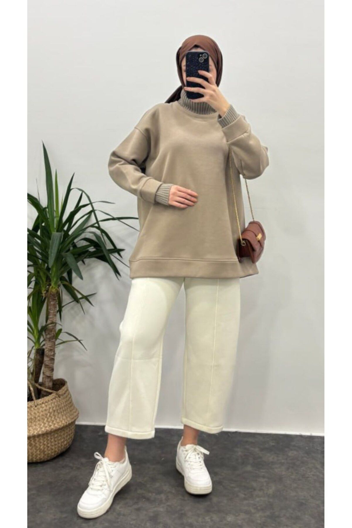 Suede Style 5318 - Rahat, Salaş Kol Yaka Triko Detaylı Kadın Sweatshirt