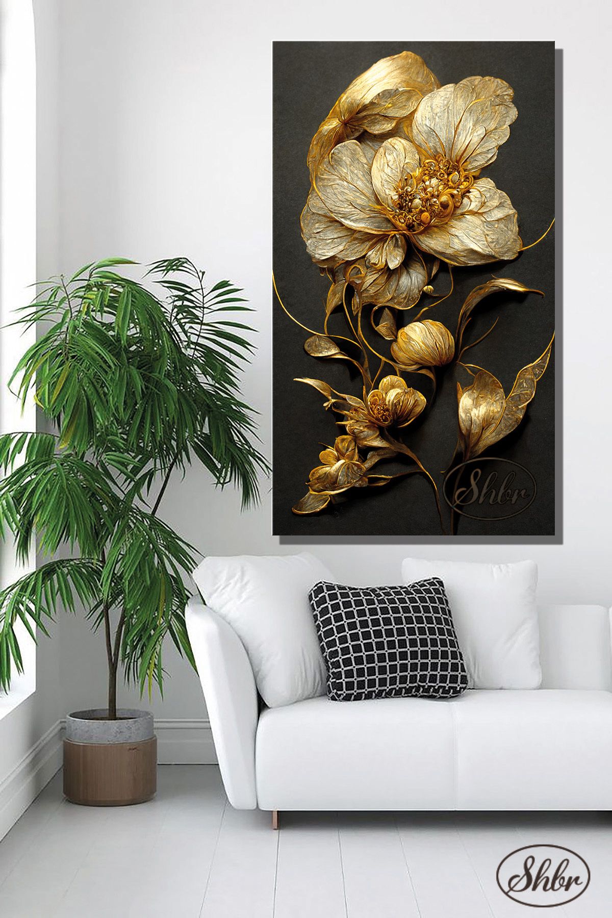Şehber Tekli, Dikey, Kanvas, Dekoratif, Duvar, Tablosu , 3D Gold Çiçek,