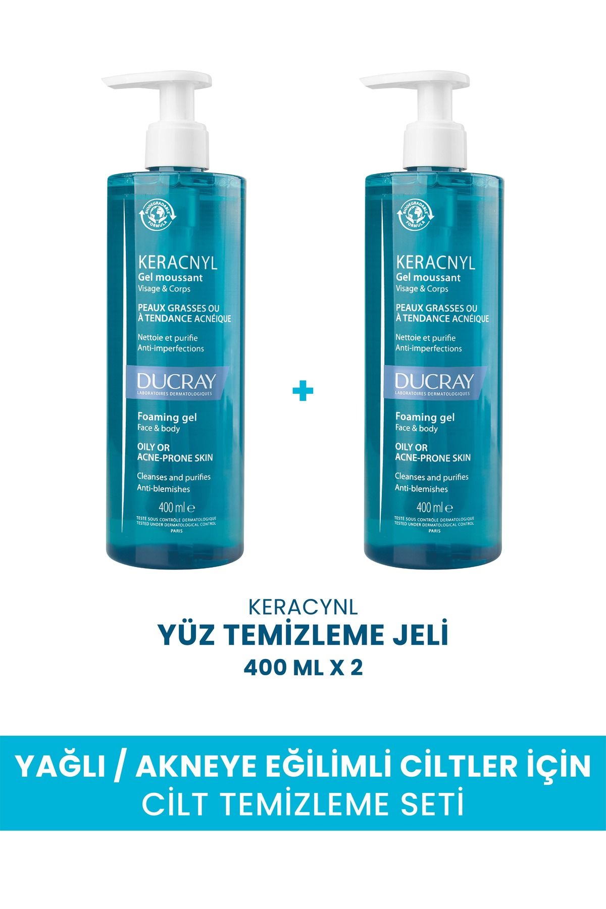 Ducray Keracnyl Temizleme Jeli 400 ml x2 - Yağlı ve Akneli Ciltler İçin