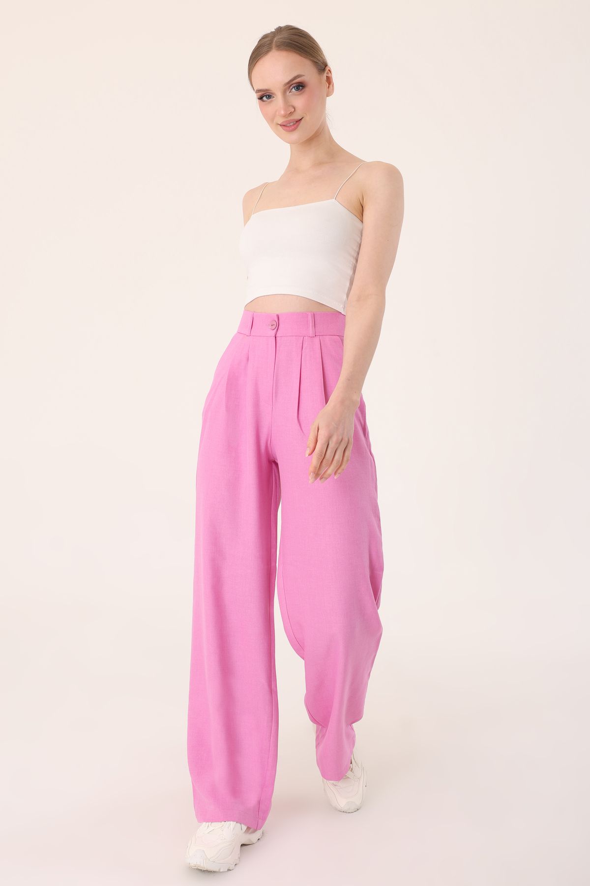STYLE NİŞANTAŞI Kadın Pembe Yüksek Bel Keten Palazzo Pantolon