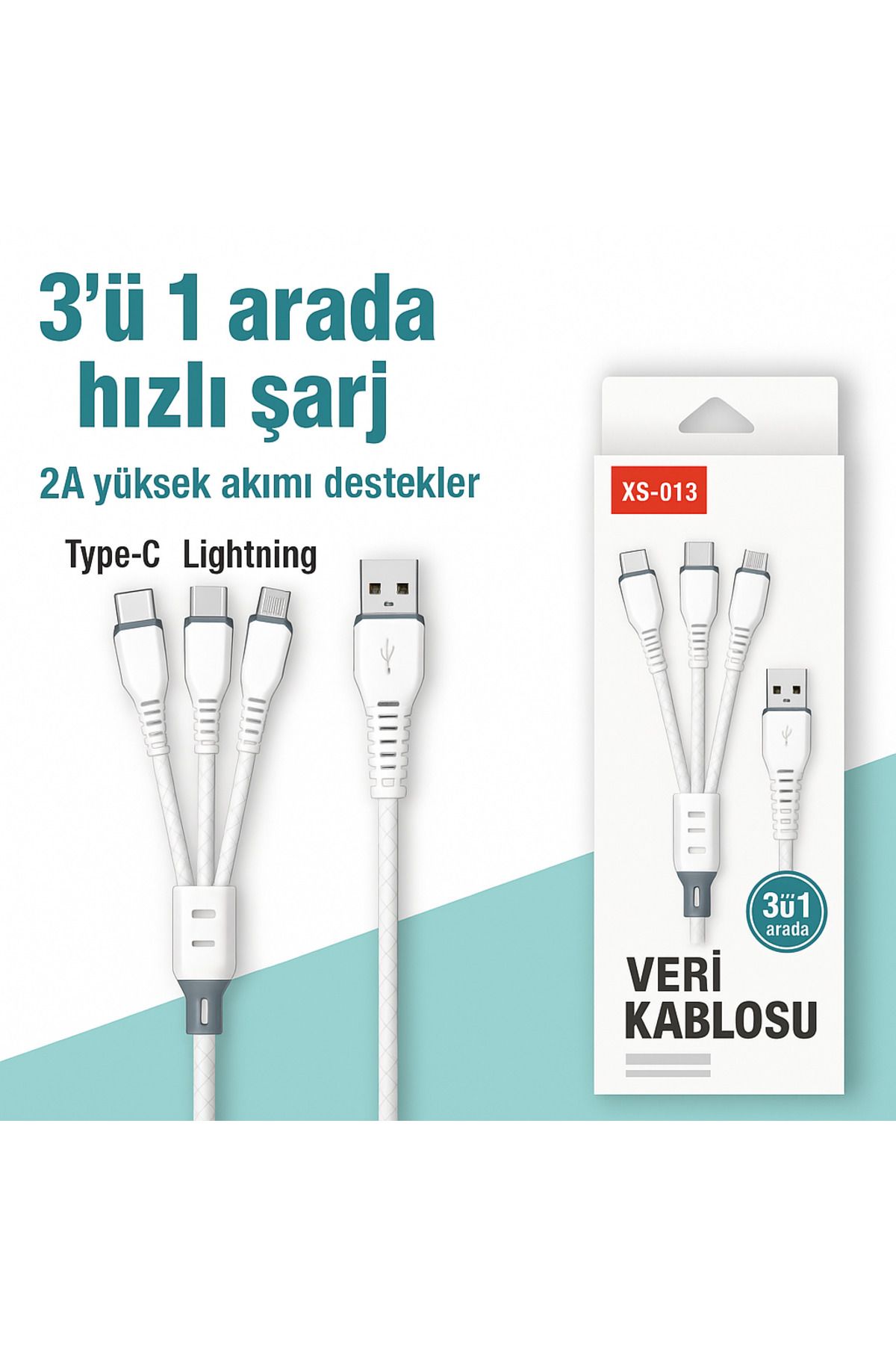 electroawm 3’ü 1 Arada Hızlı Şarj Kablosu – Data Kablosu Type-C, Lightning & Micro USB 2 A
