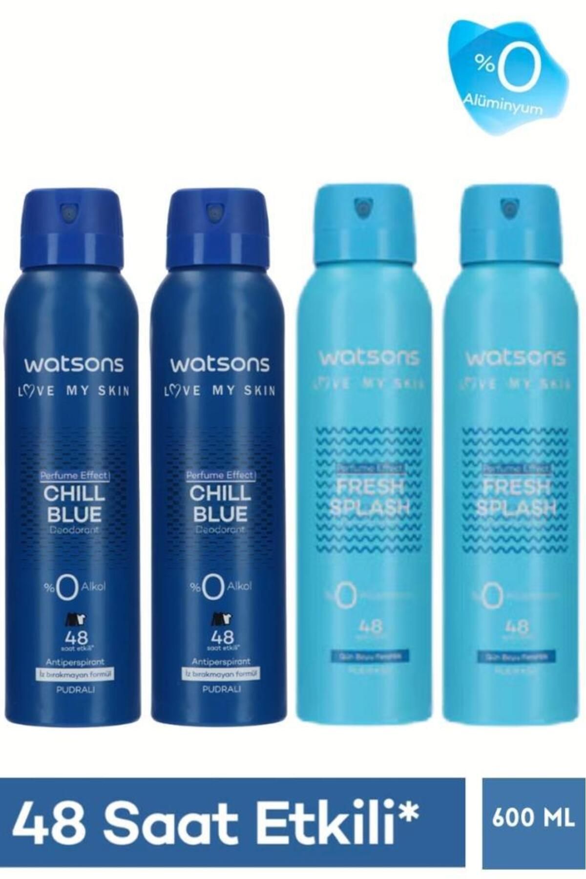 Watsons 4’lü Deodorant Seti–Chill Blue Pudralı x2+Wild Wind Pudrasız x2 Erkek Vücut Spreyi 150 ml