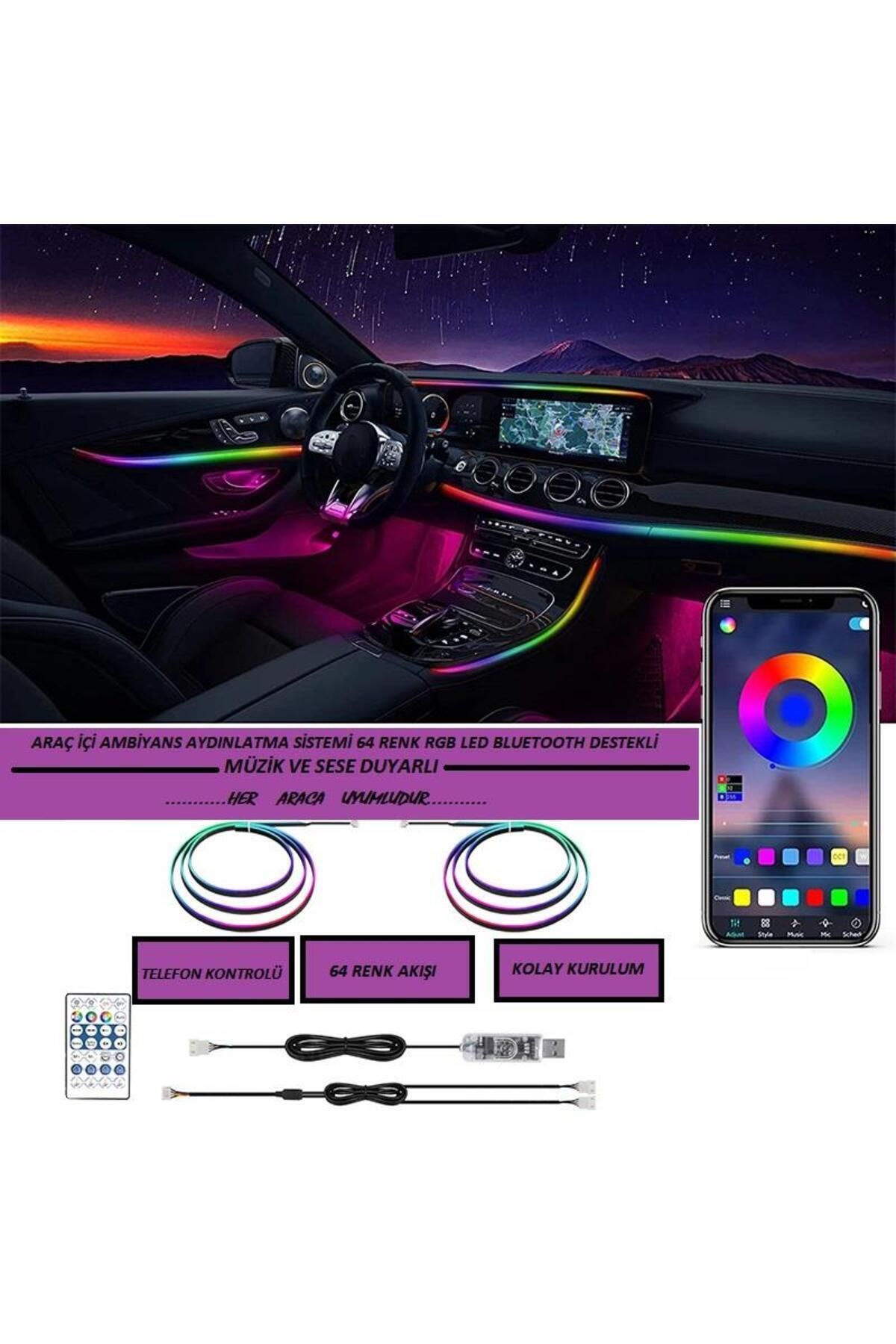 Navimex Araç İçi Ambiyans Aydınlatma Sistemi 64 Renk RGB LED Bluetooth Destekli - Müzik ve Ses Duyarlı