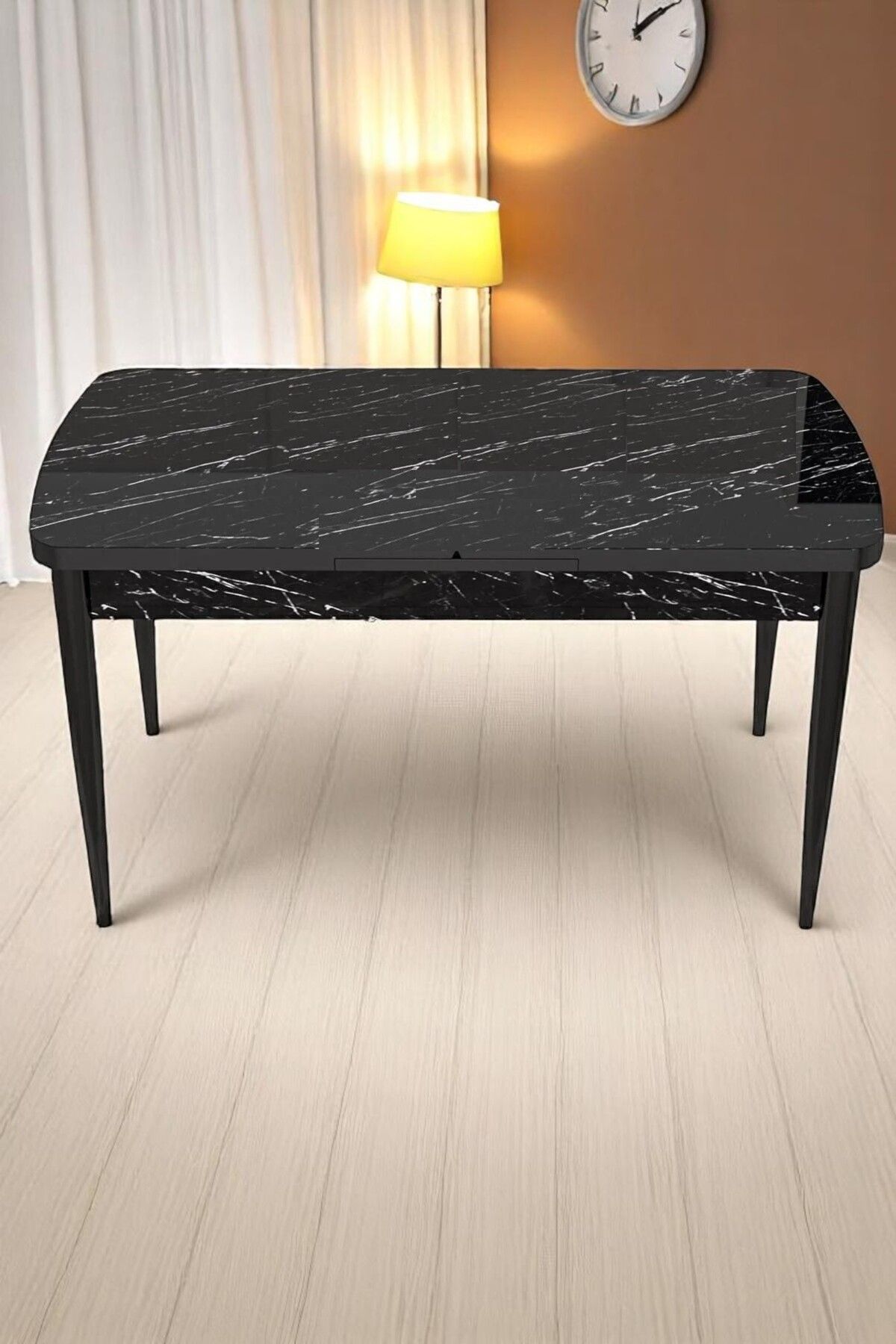 Kaktüs Avm Milas Serisi 80 x 132 Açılabilen Siyah Mermer MDF Mutfak Masası, Yemek Masası Metal Ayak
