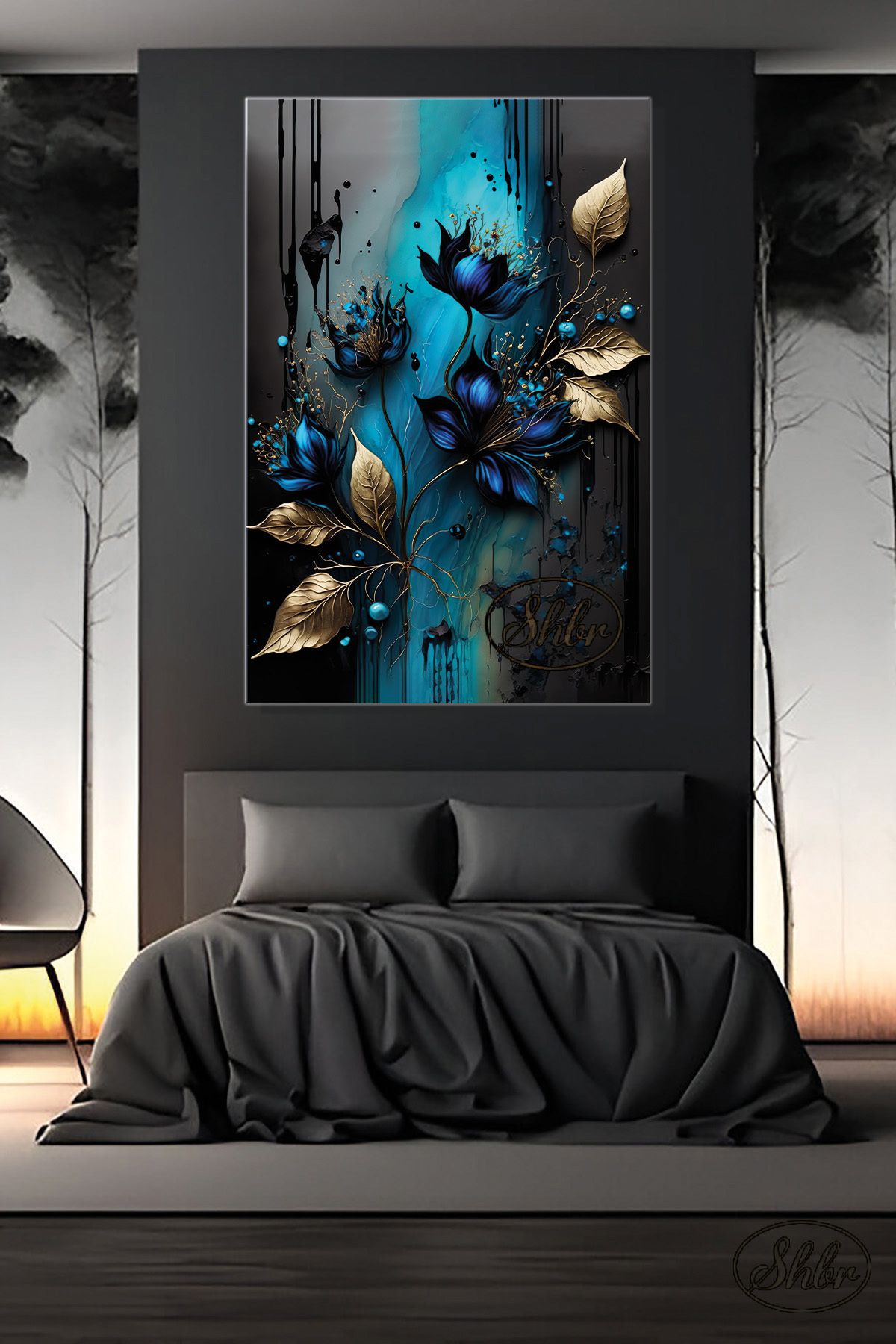 Şehber Tekli, Dikey, Kanvas, Dekoratif, Duvar, Tablosu , Gold Yapraklı Lacivert Çiçekler, 3D İllüstrasyon,