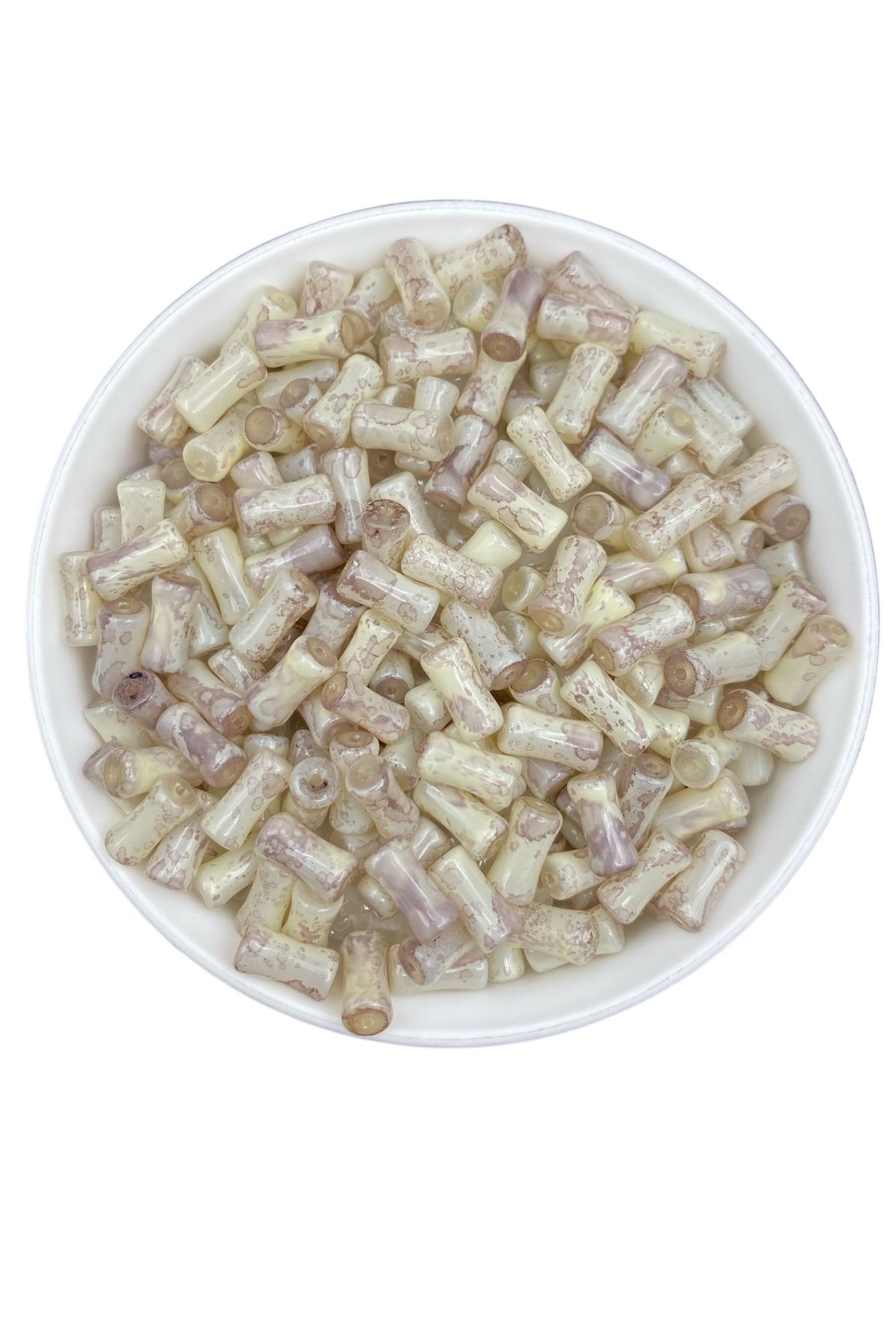 Hedef Bijuteri 50gr Cam Çubuk Kemik Silindir Model Krem Renk Ebruli Boncuk Takı,Hobi, Boncuğu (50gr, ~70 adet)