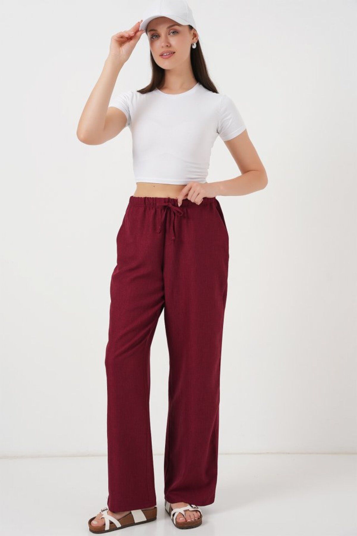 Eserden Geniş Paça Keten Pantolon 6735 - Bordo