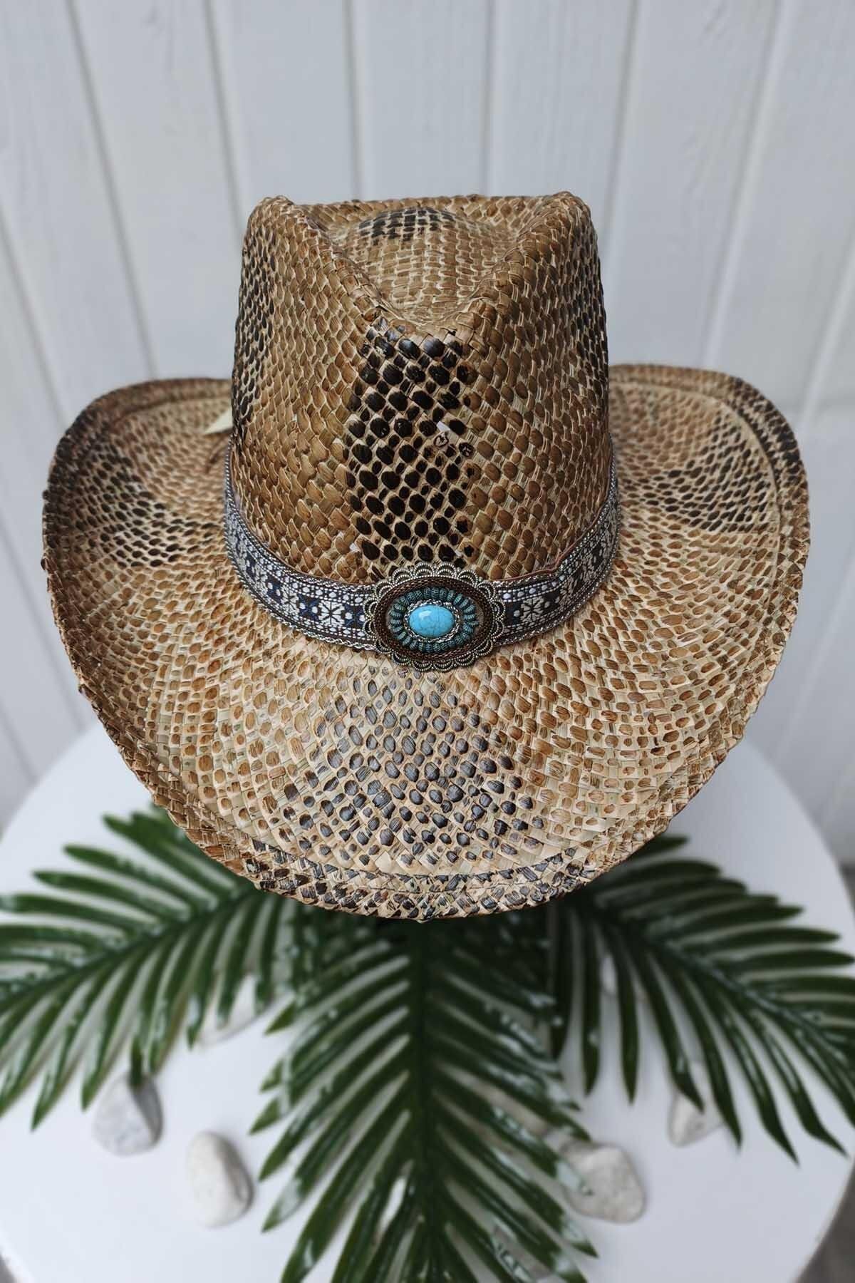 Eswomes Kilim Desen Unisex Kovboy Şapka Hasır-a.kahve