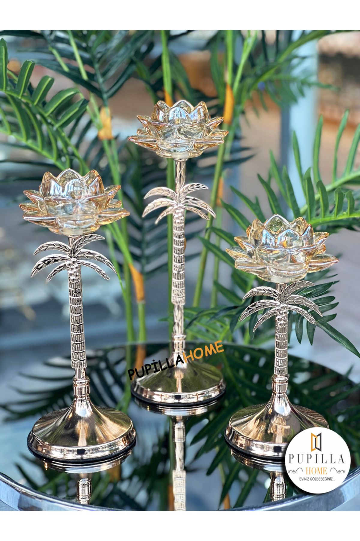 pupillahome Palmiye Kristal Metal Mumluk & Şamdan