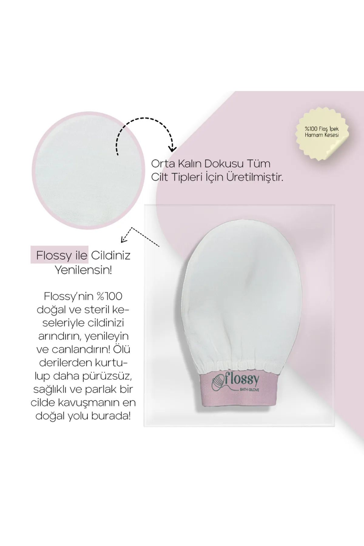 Flossy BATH GLOVE %100 İpek Kese Banyo ve Duş Cilt Bakımı Floş Yüz Vücut Kesesi Peeling Eldiveni Lilacinus
