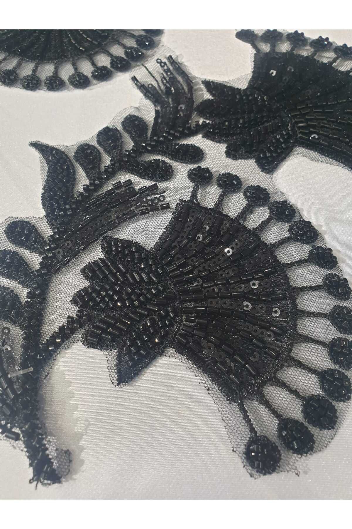 ESRA ŞELEM-Black Bead Embroidered Brode Guipure Applique Sewing Accessory 2 Pieces 4
