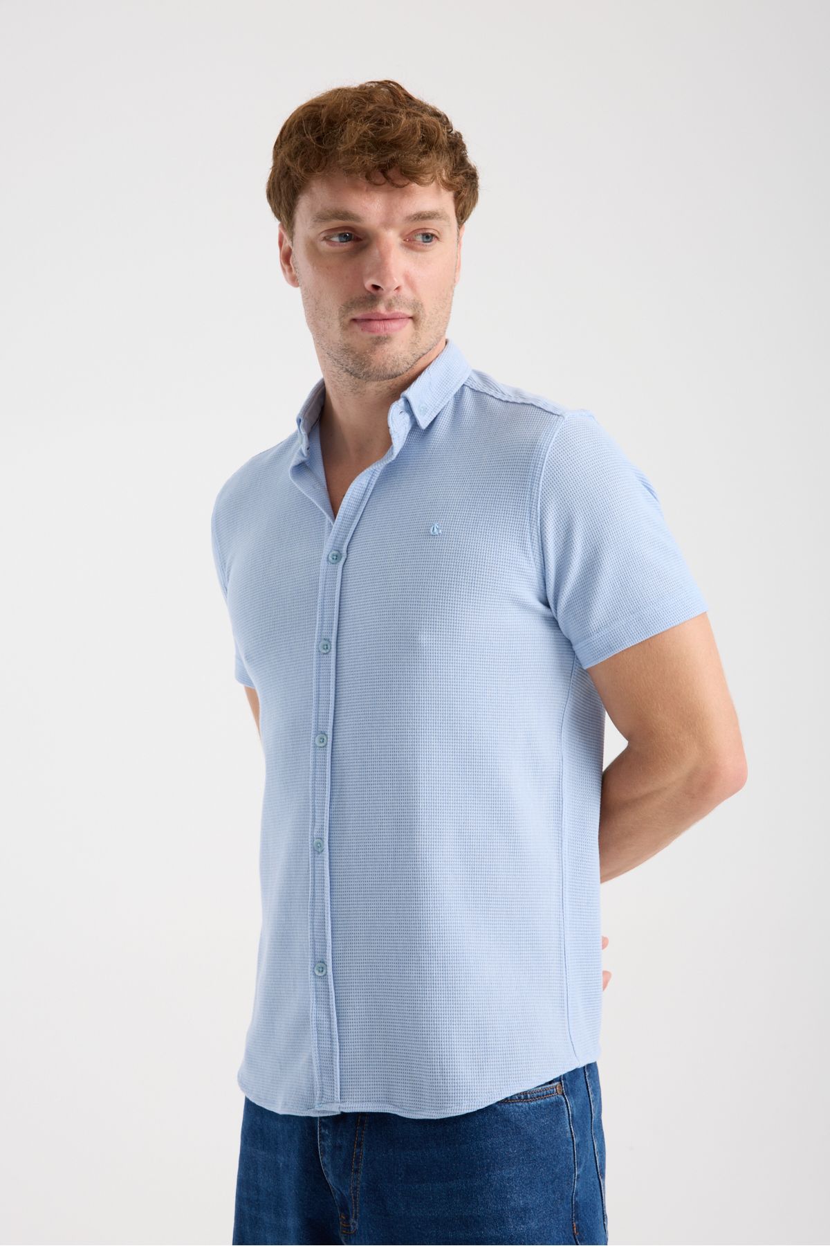 Sabe Erkek Slim Fit Likralı Nefes Alan Örme Kısa Kol Gömlek