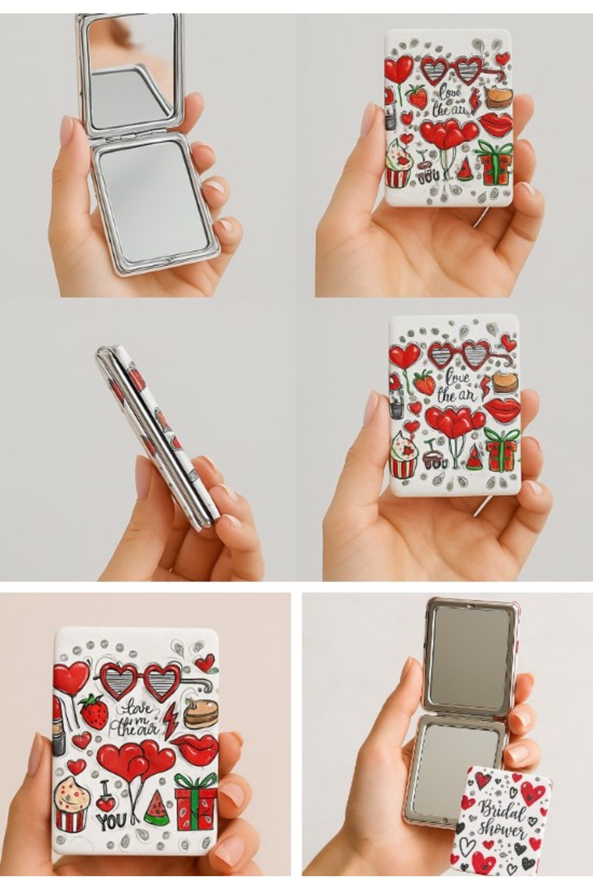 Deco Elit Kalp Love Tasarımlı Simli Büyüteçli Pratik Mini Cep Çanta Makyaj Aynası