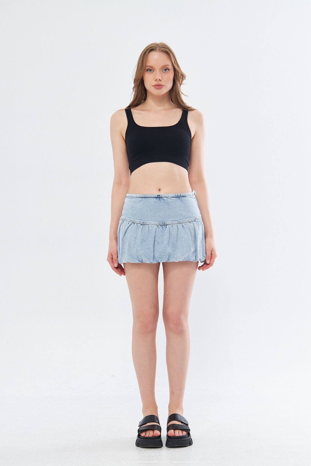 cracpot Kadın Mavi Mini Boy Denim Cotton Balon Etek
