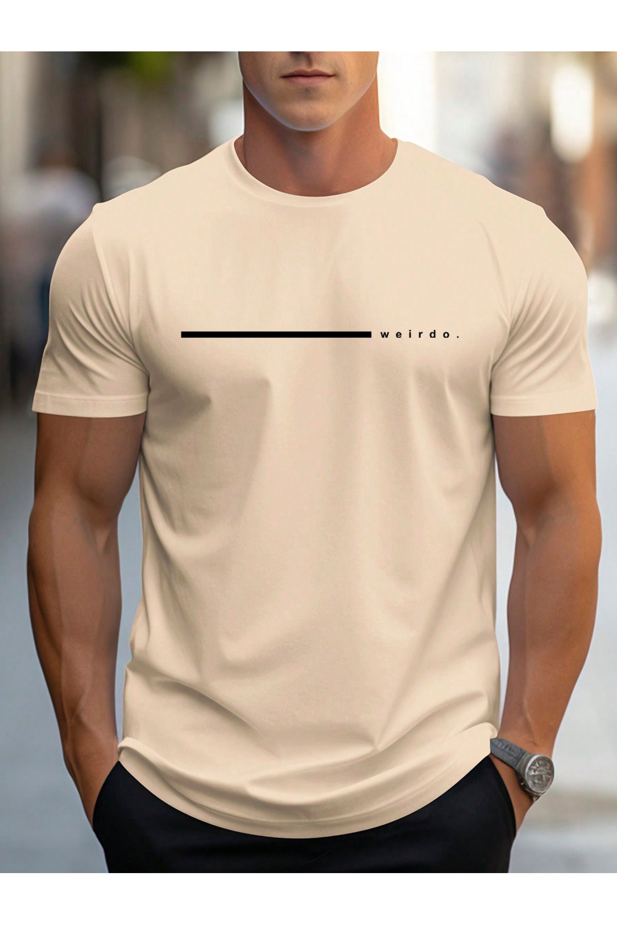 EFFRENATU Weirdo Baskılı Pamuklu Kumaş Bisiklet Yaka Bej Kısa Kol Erkek T-shirt