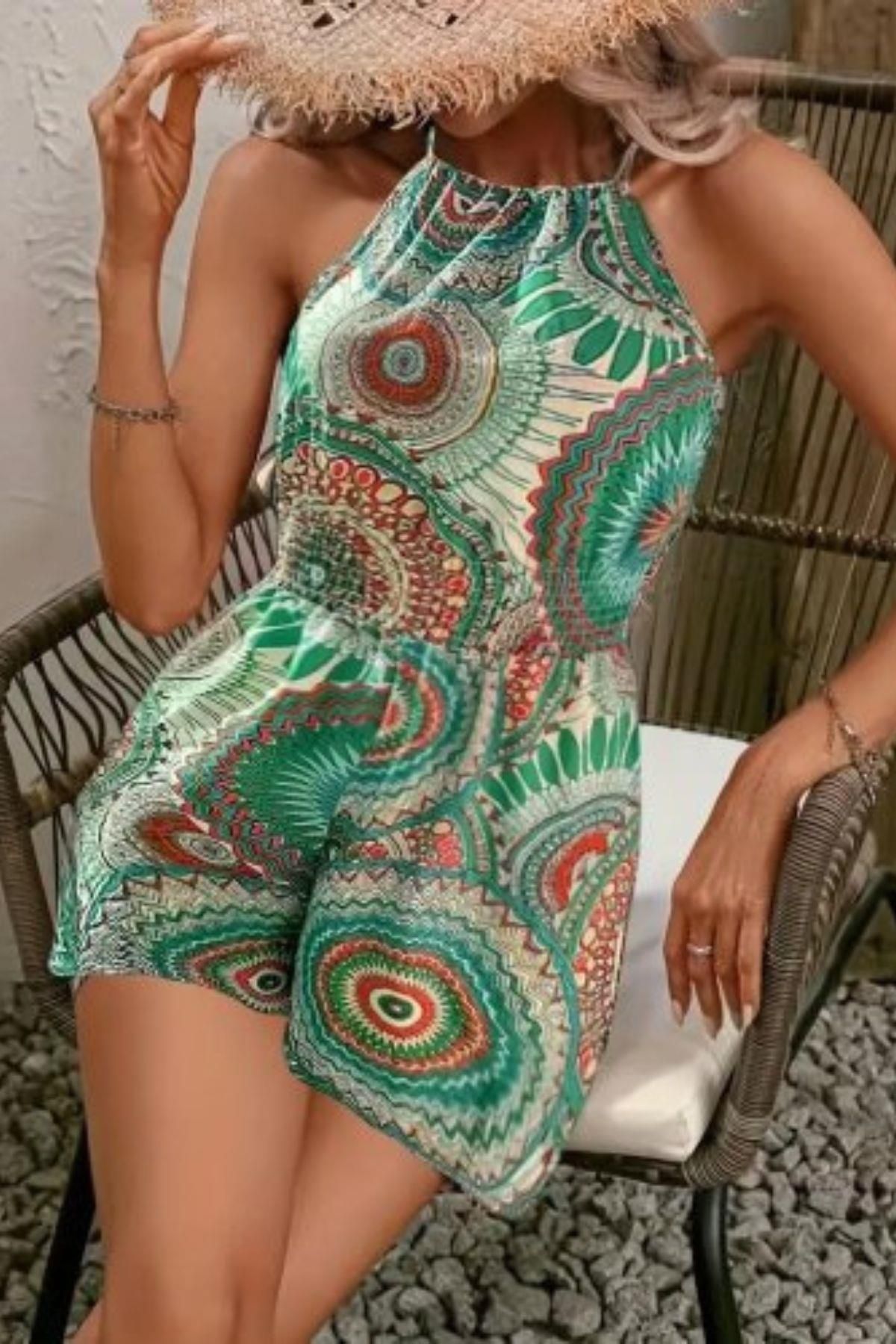Mossta Halter Yaka Beli Lastikli Desenli Şort Tulum - Yeşil