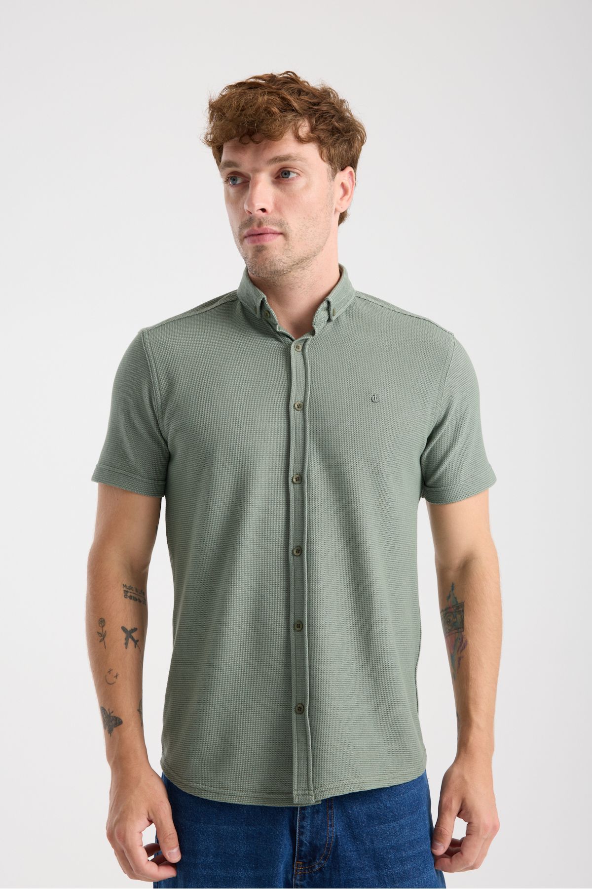 Sabe Erkek Slim Fit Likralı Nefes Alan Örme Kısa Kol Gömlek