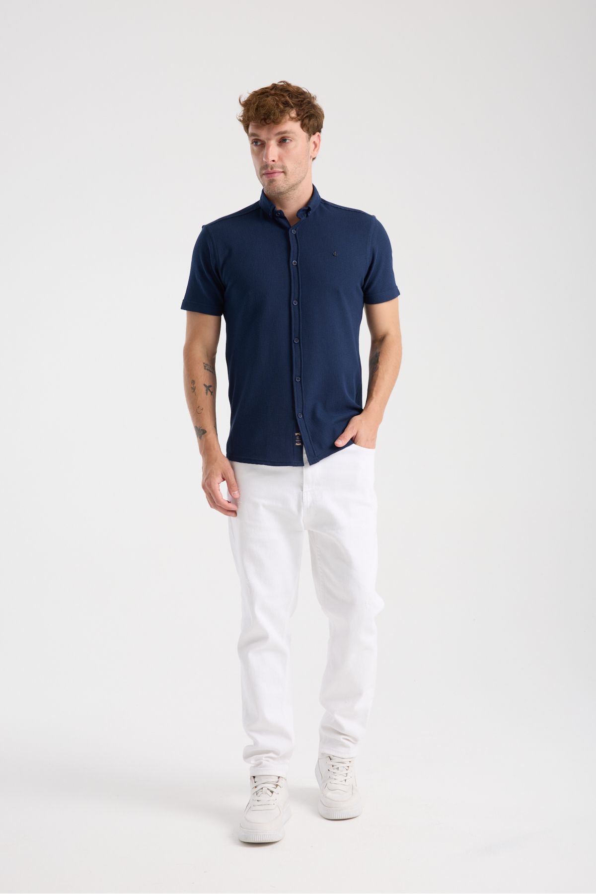 Sabe Erkek Slim Fit Likralı Nefes Alan Örme Kısa Kol Gömlek